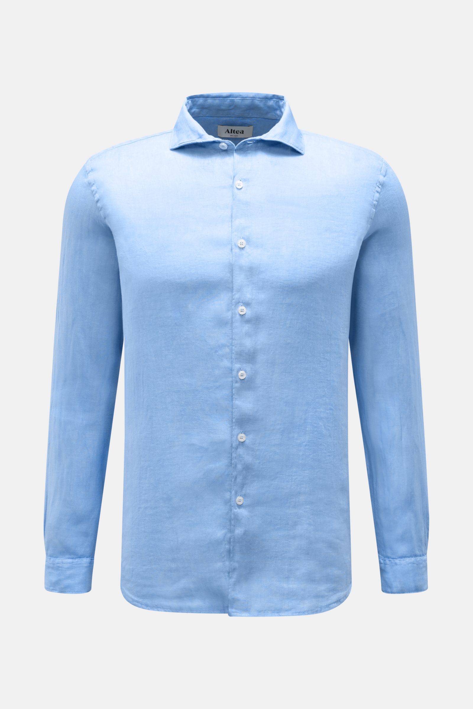 Altea Leinenhemd 'Mercer' Haifisch-Kragen blau in Slim Fit, frontale Ansicht, reine Leinen-Gaze, weicher Griff, französische Knopfleiste, gerundeter Saum.