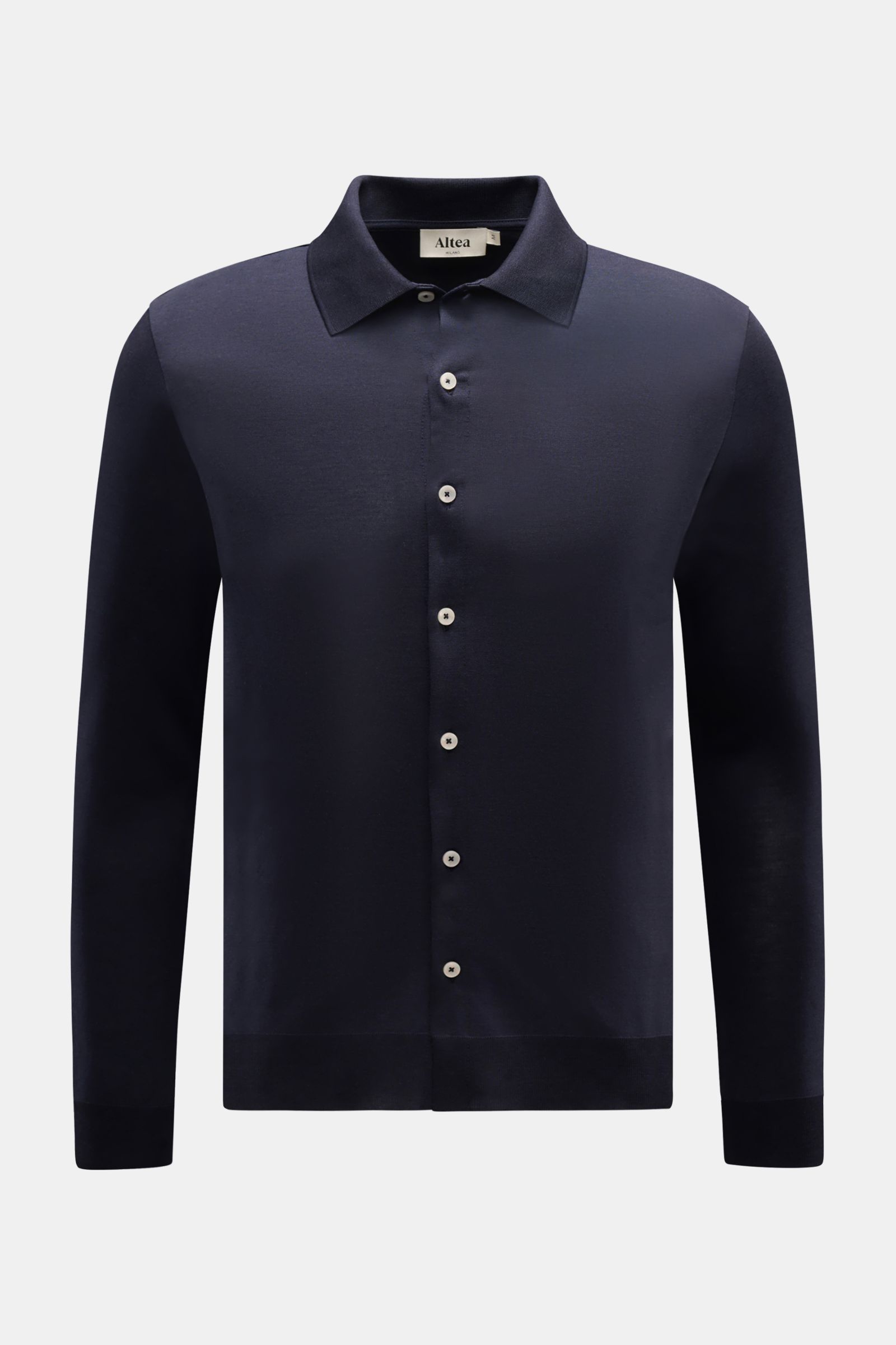 Front view of Altea Jersey shirt 'Julius' polo shirt collar navy, slim fit with soft jersey, full button placket, ribbed cuffs and hem, made of lyocell and cotton blend.