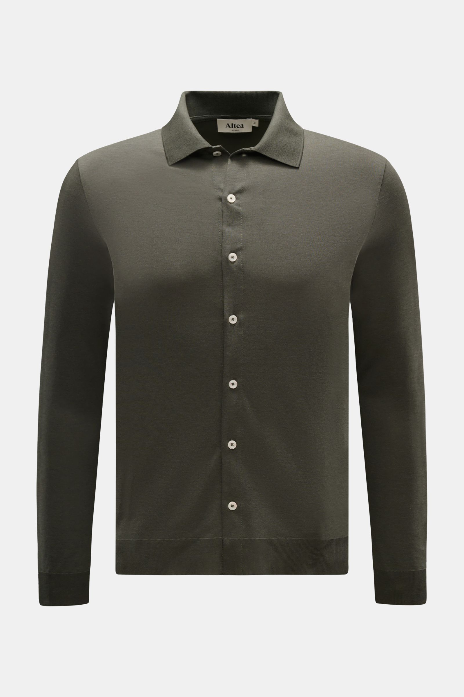 Front view of Altea Jersey shirt 'Julius' polo shirt collar dark olive, slim fit with button placket, classic barrel cuffs, and ribbed hem.

If you can’t decide between a shirt and a polo shirt, choose the model 'Julius' from ALTEA which combines the b