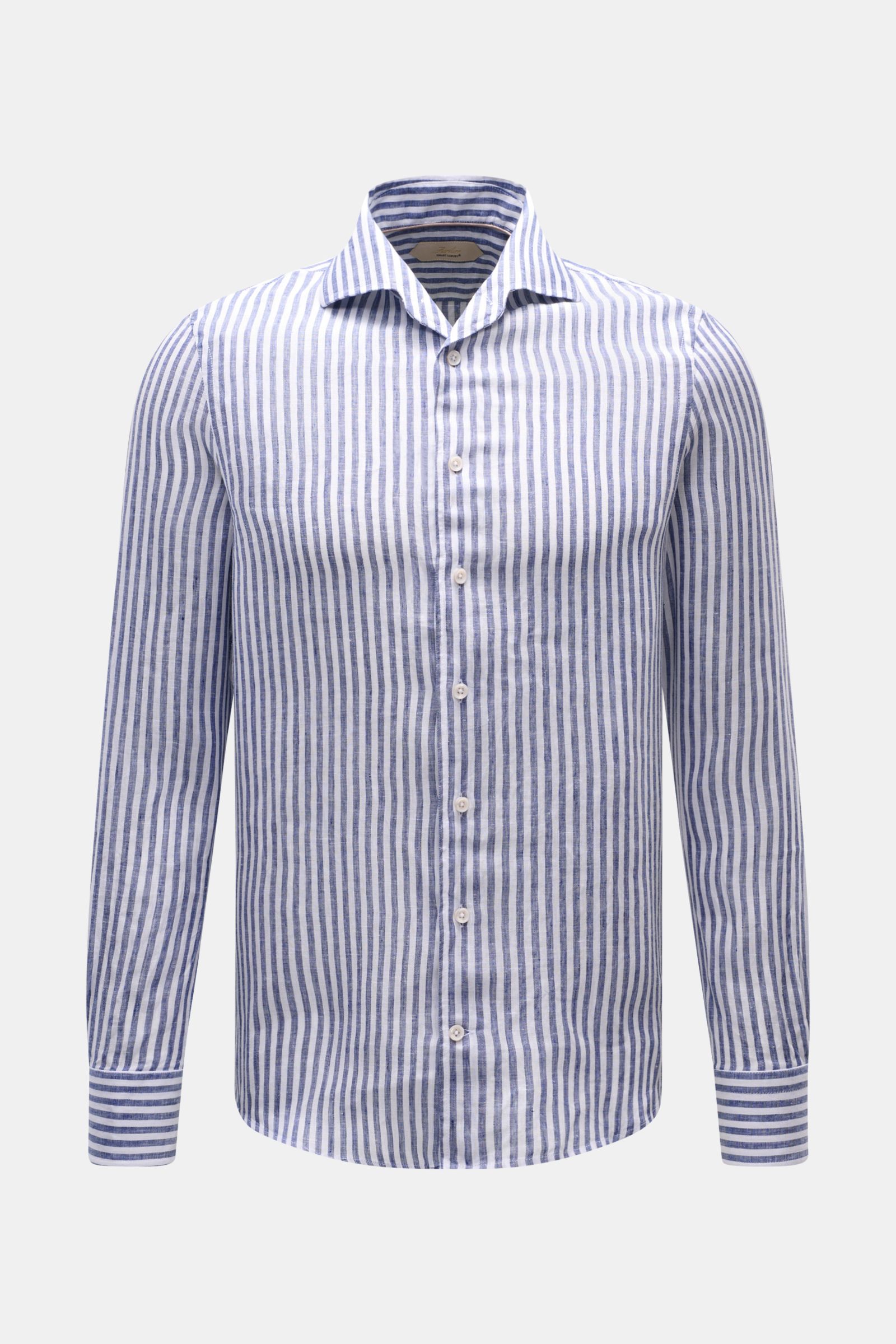 Front view of Aurélien Leinenhemd Haifisch-Kragen navy/weiß gestreift, a slim fit, pure linen shirt with shark collar, French placket, classic cuffs, back waist darts, and rounded hem, perfect for office and leisure. Ein wenig Urlaubsfeeling gefällig? 