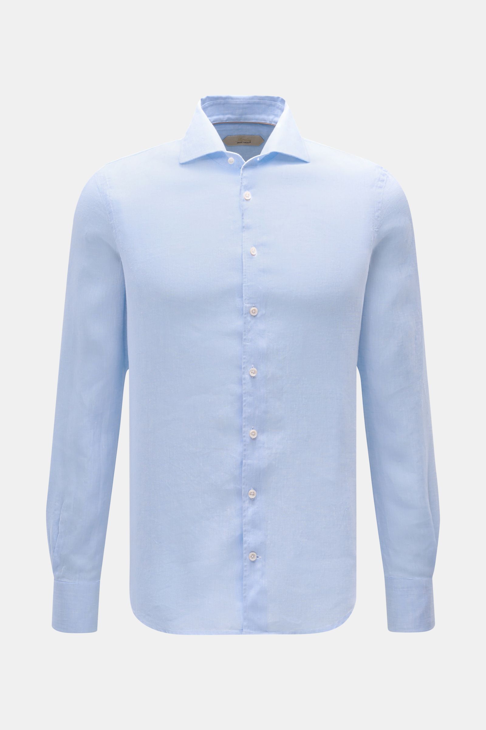 Aurélien Leinenhemd Haifisch-Kragen hellblau, Slim Fit, reines Leinen, weicher Griff, französische Knopfleiste, Sportmanschette, frontal fotografiert.