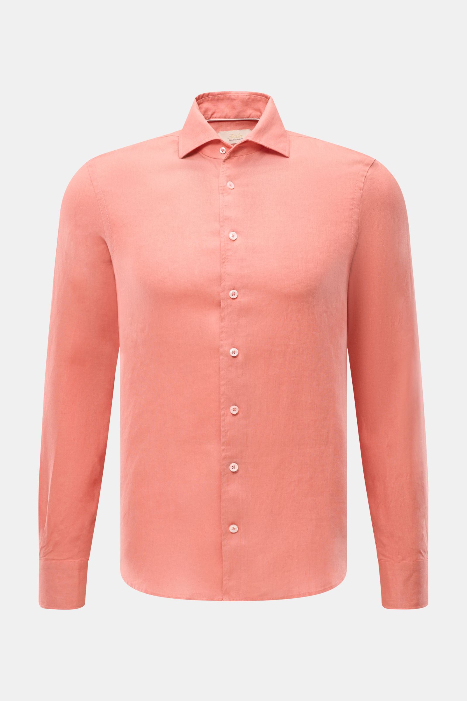 Front view of Aurélien Linen shirt shark collar coral in slim fit, coral color with French button placket and classic barrel cuffs.

Description: Want to get into the holiday mood? With its fine linen fabric, this versatile shirt by the brand AURÉLIEN 