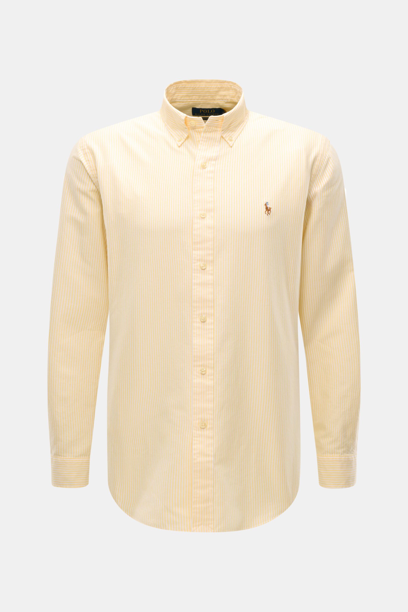 Polo Ralph Lauren Oxford-Hemd Button-Down-Kragen gelb/weiß gestreift shown from the front, featuring a classic button-down collar, subtle yellow and white stripes, embroidered multicolor Polo player logo on the chest, and button-up placket. Stilvoller 