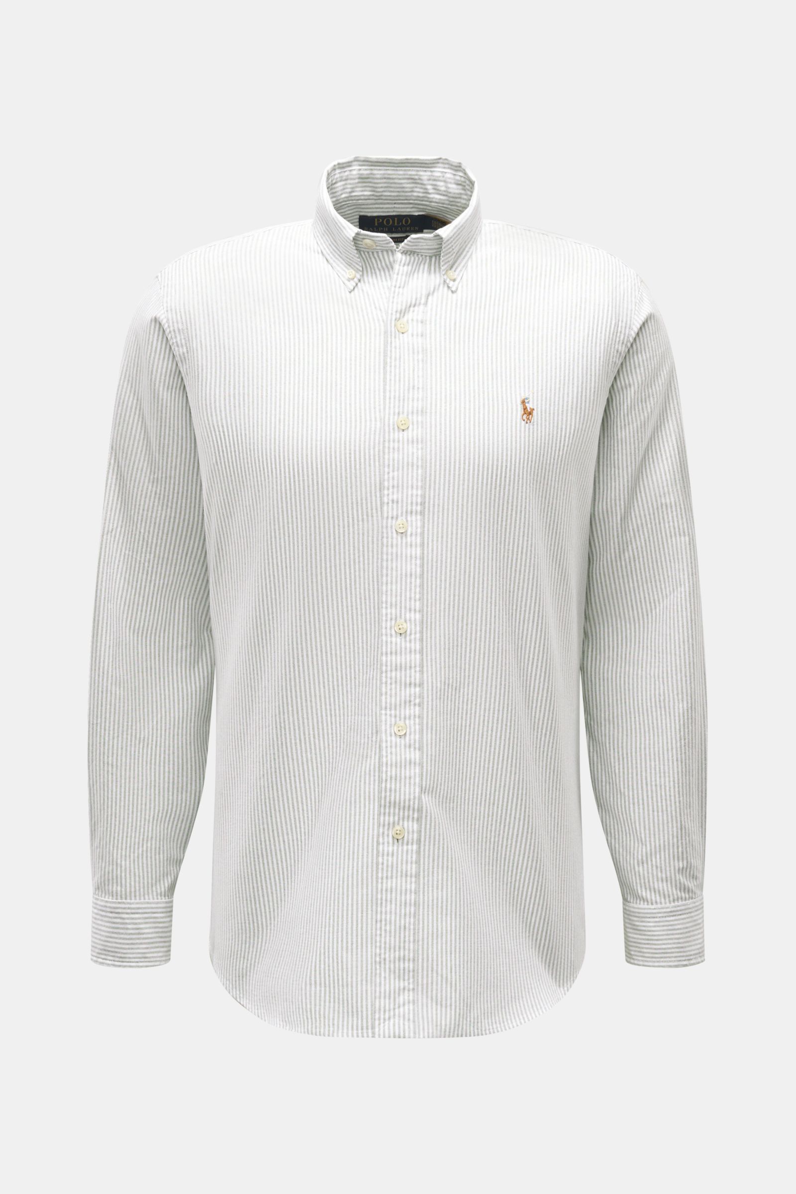 Polo Ralph Lauren Oxford shirt button-down collar dark green/white striped, front view, pure cotton with multi-coloured polo player stitching, pleat on back, classic barrel cuffs, rounded hem, regular fit.  
A stylish classic with attention to detail: 