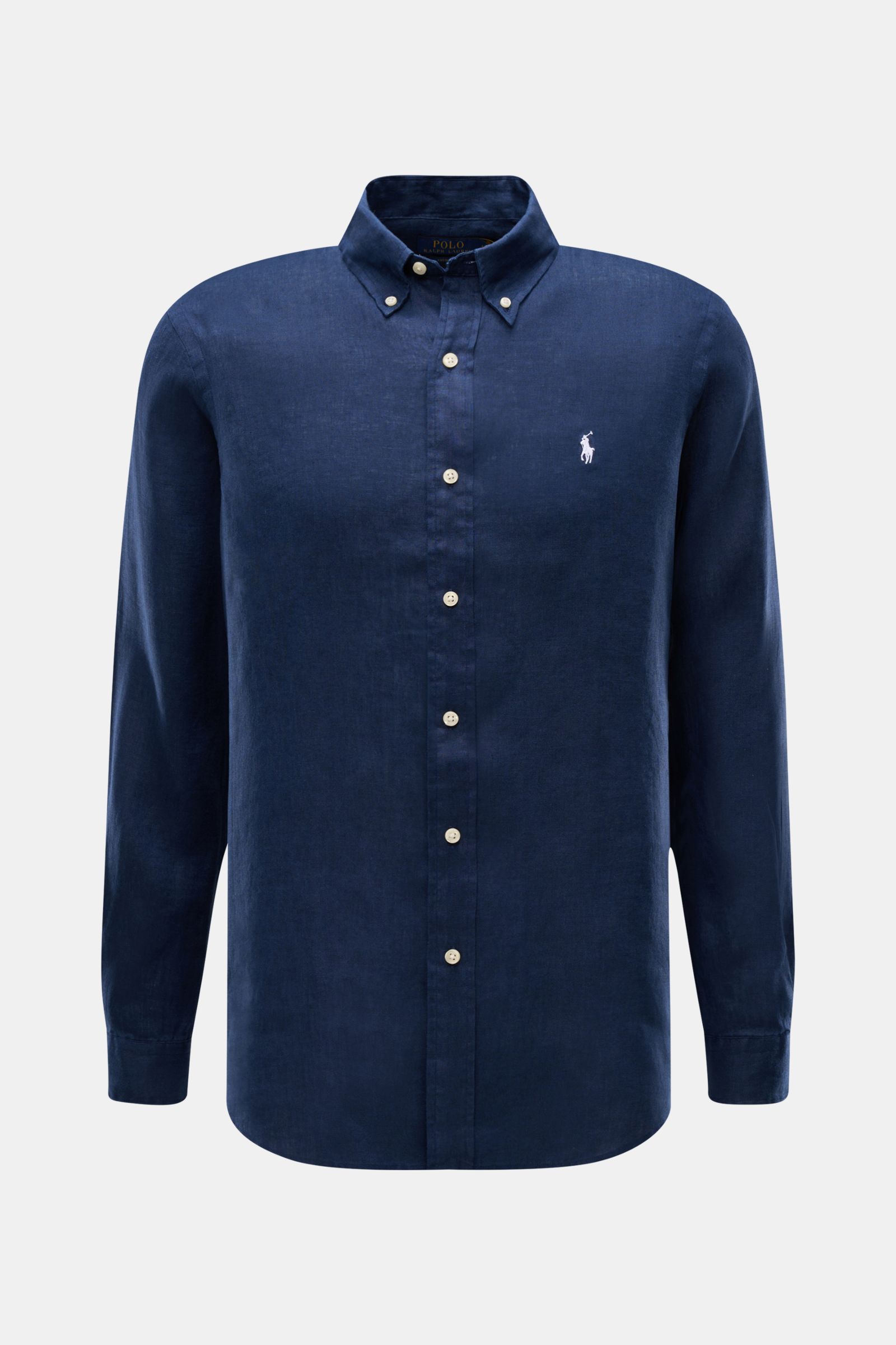 Front view of a Polo Ralph Lauren Leinenhemd Button-Down-Kragen türkis, slim fit linen shirt with button-down collar, white buttons, and classic logo. Dieses Leinenhemd von POLO RALPH LAUREN ist eine Bereicherung für jede Sommergarderobe und bringt bei