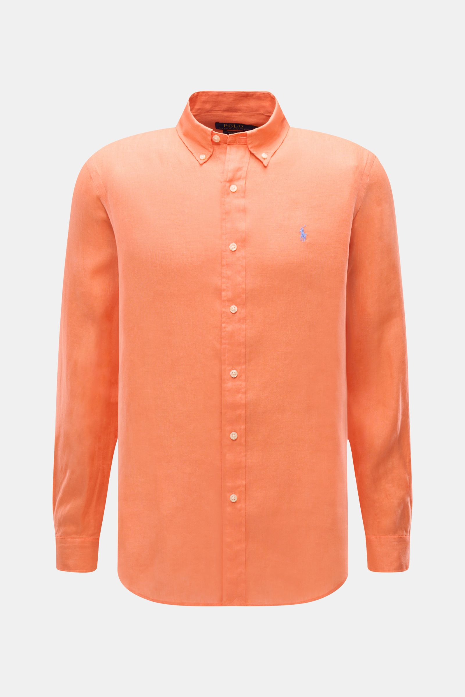 Front view of Polo Ralph Lauren Leinenhemd Button-Down-Kragen orange, pure linen slim fit shirt with airy texture, button-down collar, classic sport cuffs, and typical Polo stitching. Dieses Leinenhemd von POLO RALPH LAUREN ist eine Bereicherung für je
