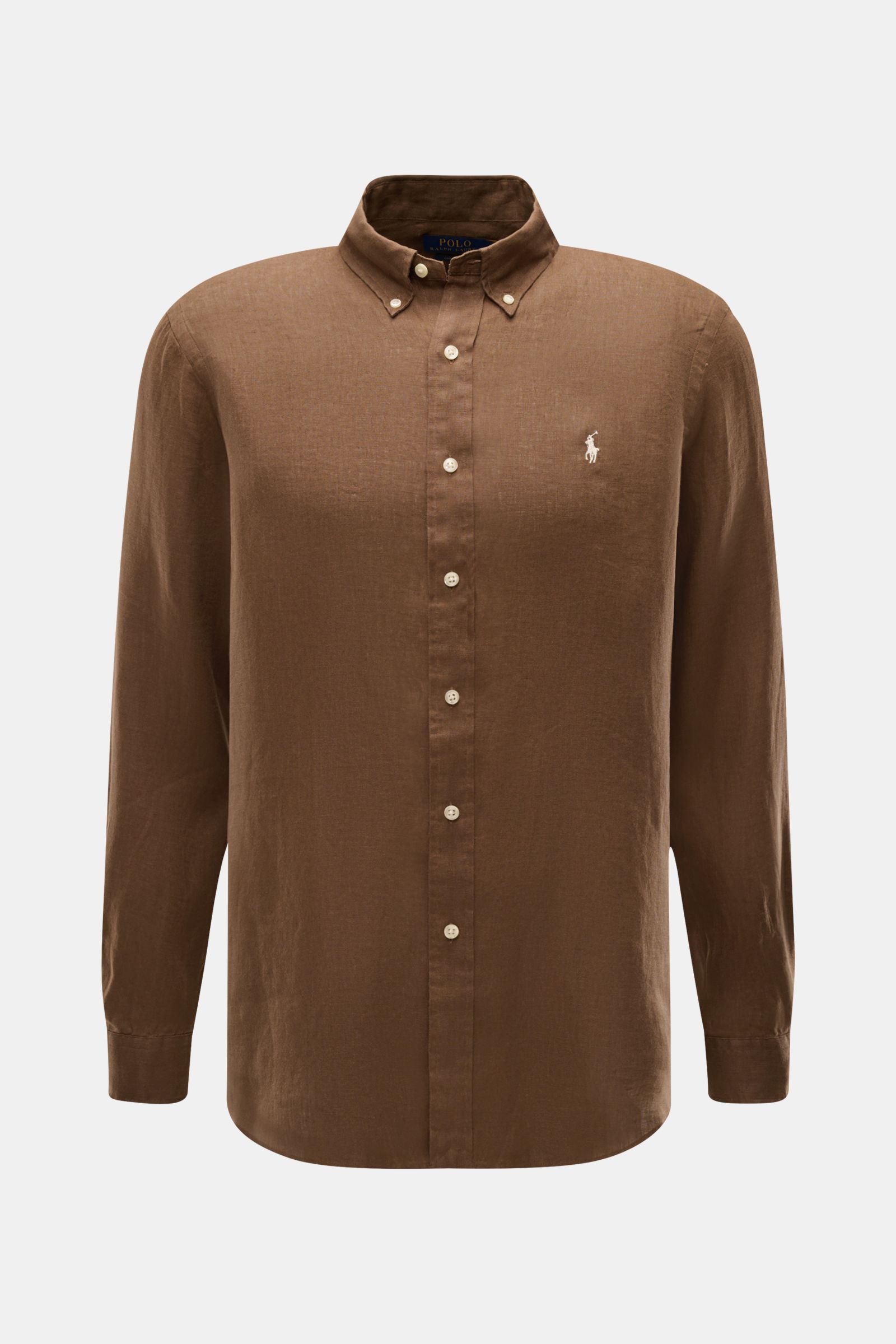 Front view of Polo Ralph Lauren Leinenhemd Button-Down-Kragen braun, a slim fit brown linen shirt with button-down collar and white logo.

Dieses Leinenhemd von POLO RALPH LAUREN ist eine Bereicherung für jede Sommergarderobe und bringt bei unvergleich