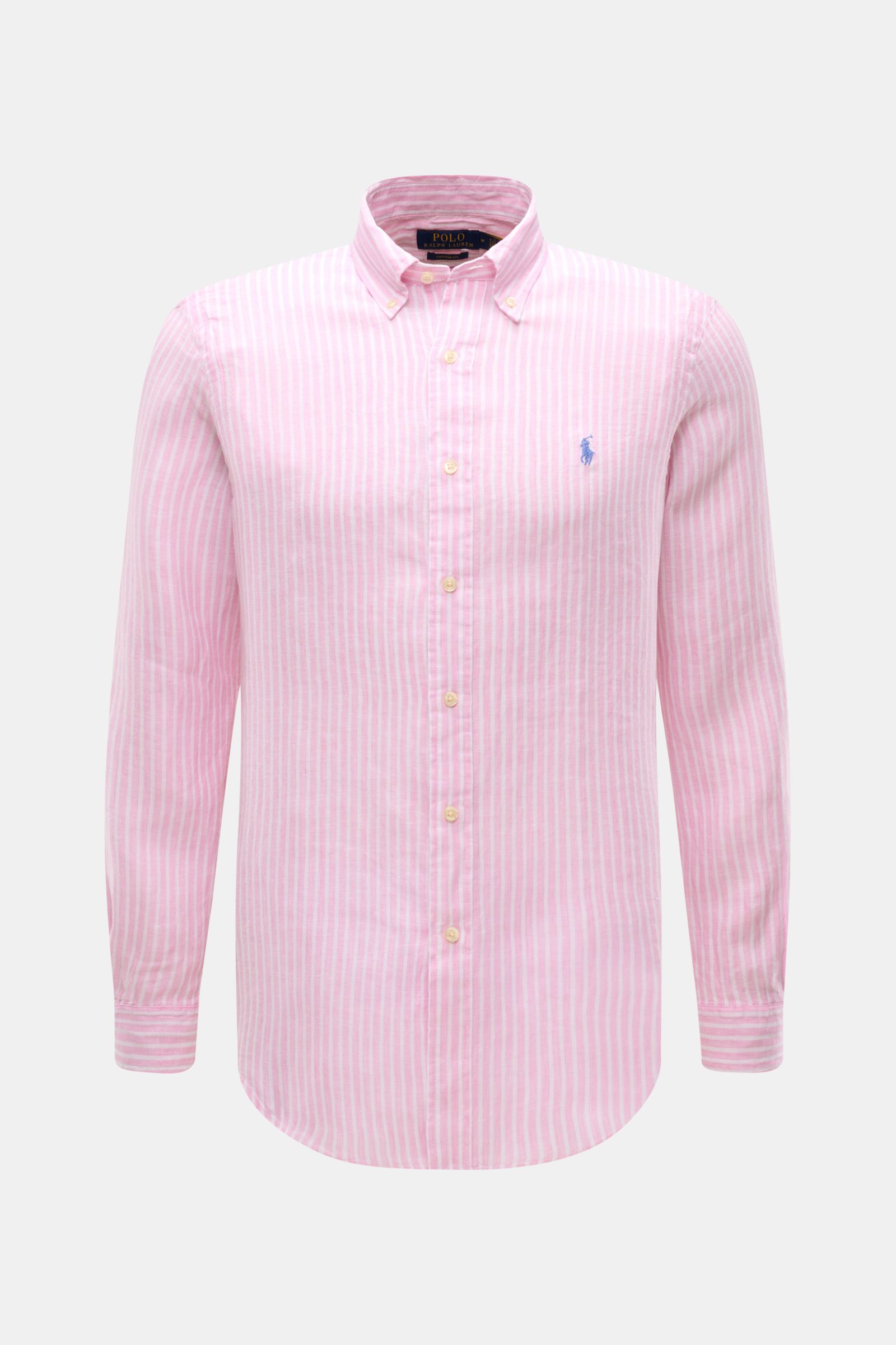 Front view of Polo Ralph Lauren Leinenhemd Button-Down-Kragen rosé/weiß gestreift, a slim fit linen shirt with button-down collar and logo stitching, classic sport cuffs, and rounded hem. Klassiker für den Sommer von POLO RALPH LAUREN: Dieses minimalis