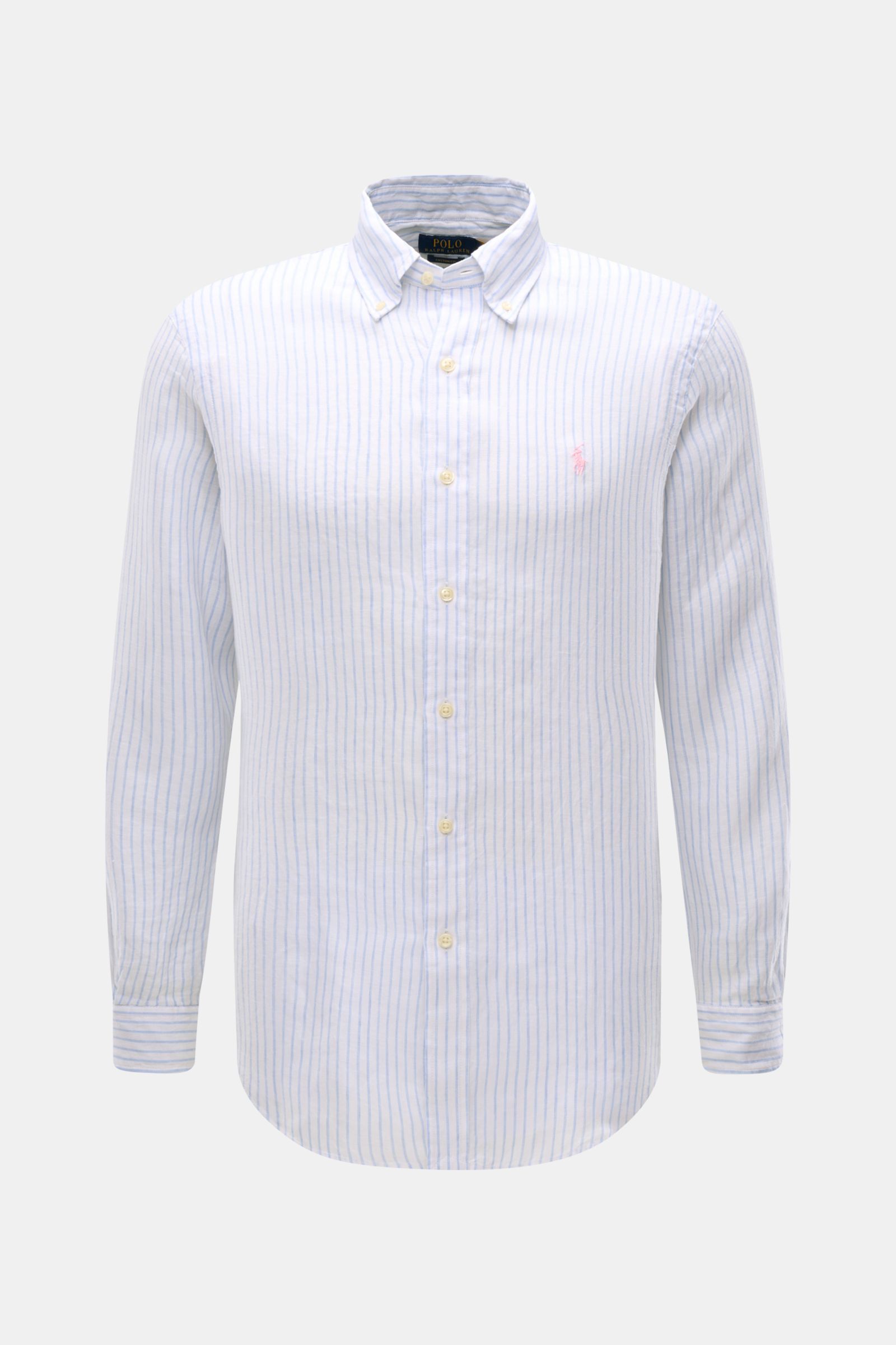 Front view of Polo Ralph Lauren Linen shirt button-down collar white/light blue striped, minimalist slim fit with button-down collar and signature logo stitching. A summer classic from POLO RALPH LAUREN: This minimalist slim fit shirt in the finest linen 