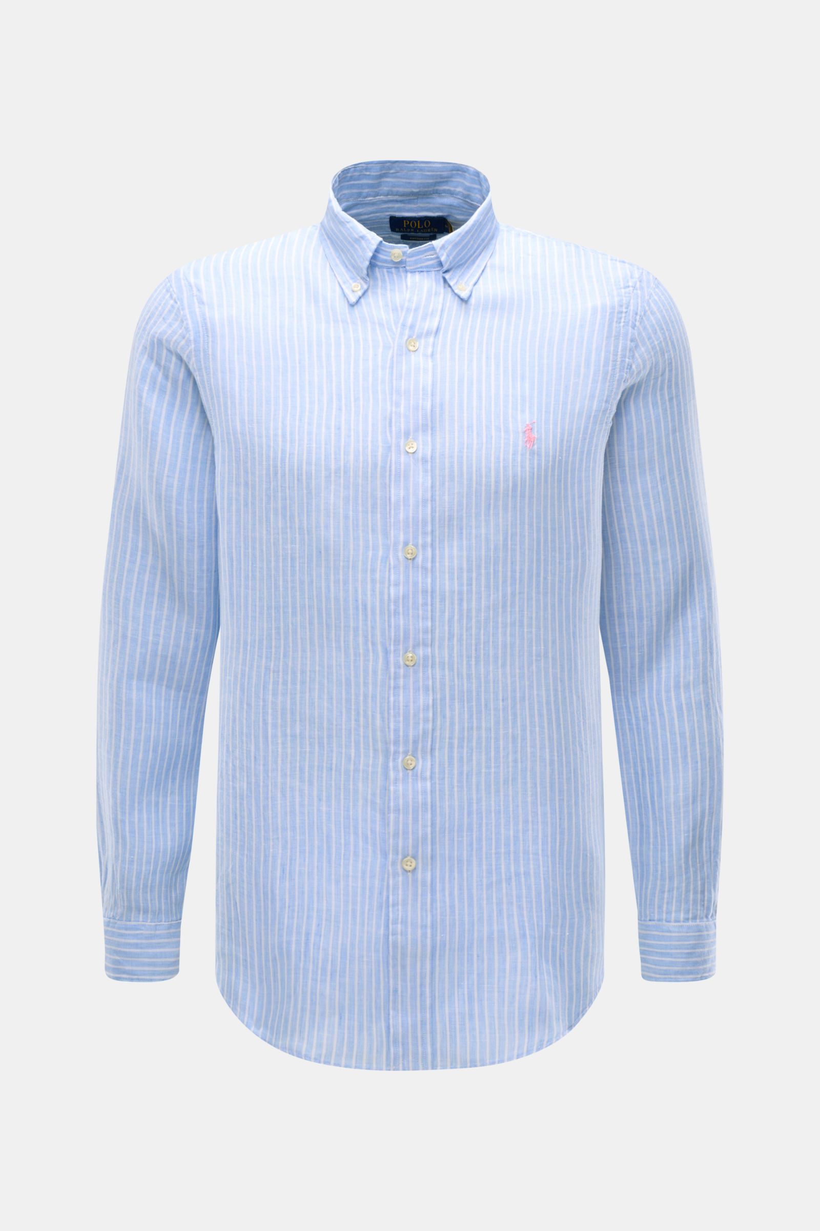 Front view of Polo Ralph Lauren Linen shirt button-down collar light blue/white striped, slim fit with button placket and logo.

Description: A summer classic from POLO RALPH LAUREN: This minimalist slim fit shirt in the finest linen with button-down c