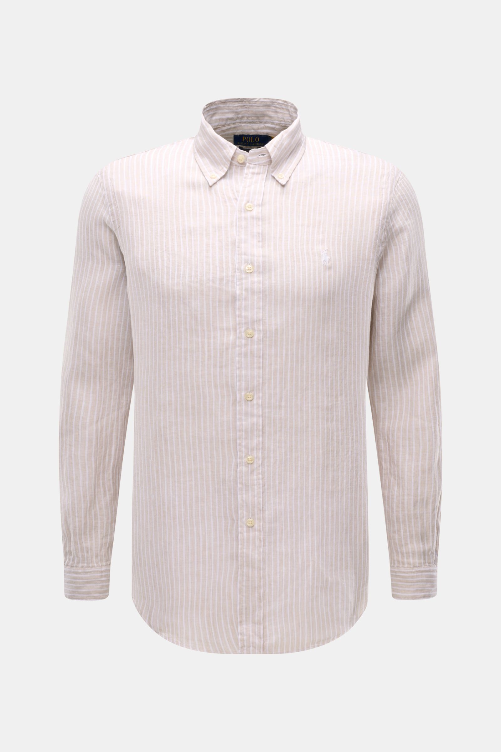Polo Ralph Lauren Linen shirt button-down collar beige/white striped, front view, slim fit with button-down collar, soft linen fabric.

A summer classic from POLO RALPH LAUREN: This minimalist slim fit shirt in the finest linen with button-down collar 