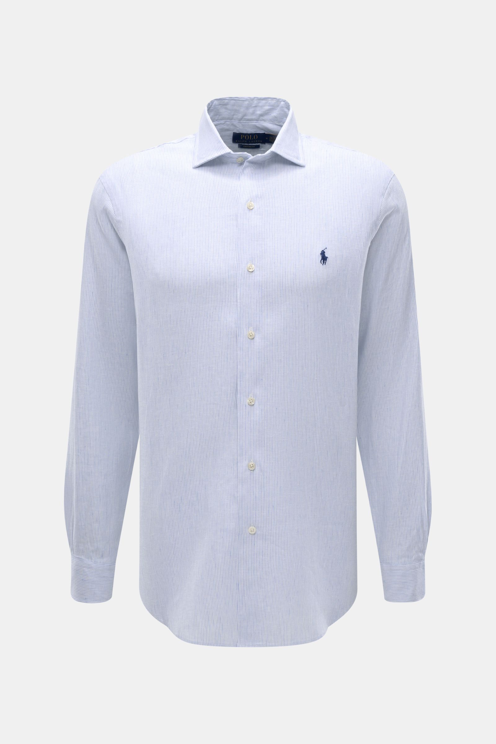 Polo Ralph Lauren Oxford shirt shark collar light blue/white striped shown from front, slim fit with shark collar, French button placket, classic barrel cuffs, rounded hem, soft linen-cotton fabric with elasticated feel and signature polo player stitching