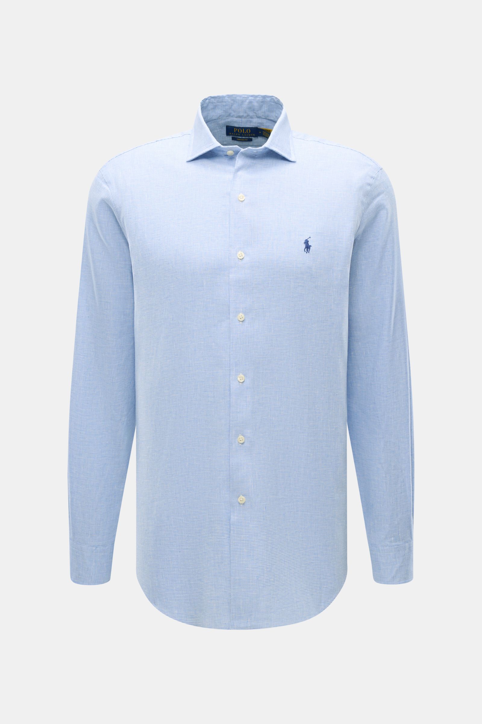 Front view of Polo Ralph Lauren Oxford shirt shark collar light blue/white checked, a slim fit linen and cotton shirt with elasticated fabric, soft feel, timeless checked pattern, shark collar, signature polo player stitching, French button placket, class