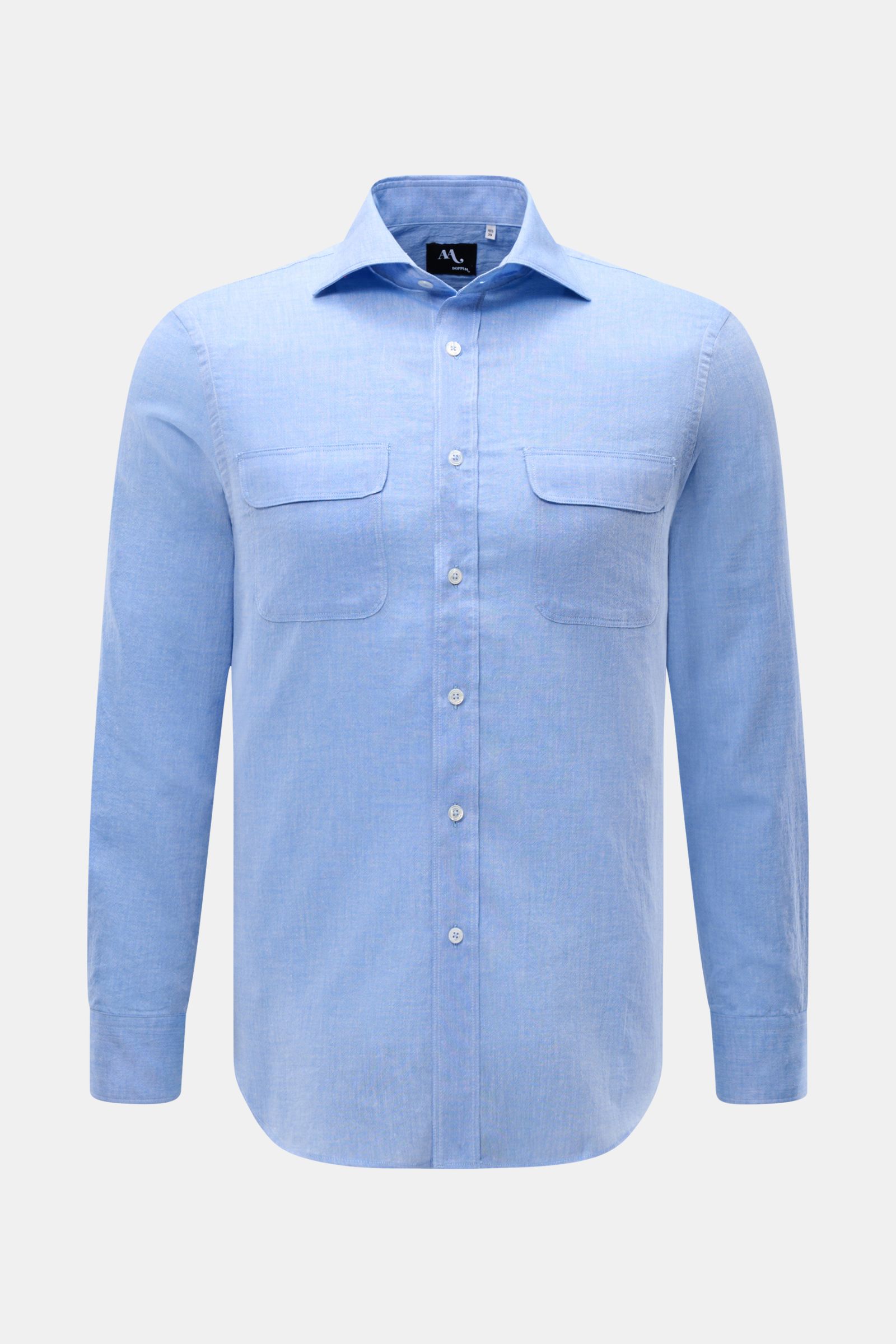 Doppiaa Casual Hemd 'Aantero' Haifisch-Kragen blau, Slim Fit, reine Baumwolle, luftige Qualität, Brusttaschen, Sportmanschette, Frontansicht.