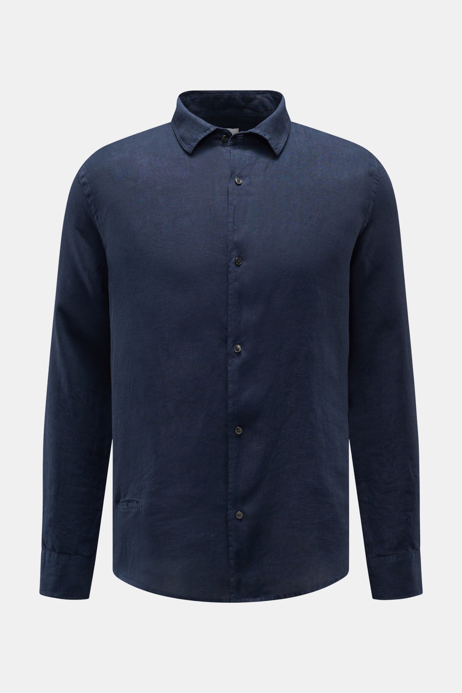 Front view of a navy linen shirt with narrow collar and button-down front, called 04651/ A trip in a bag Leinenhemd schmaler Kragen navy, showcasing its airy texture and classic fit. Mühelose 