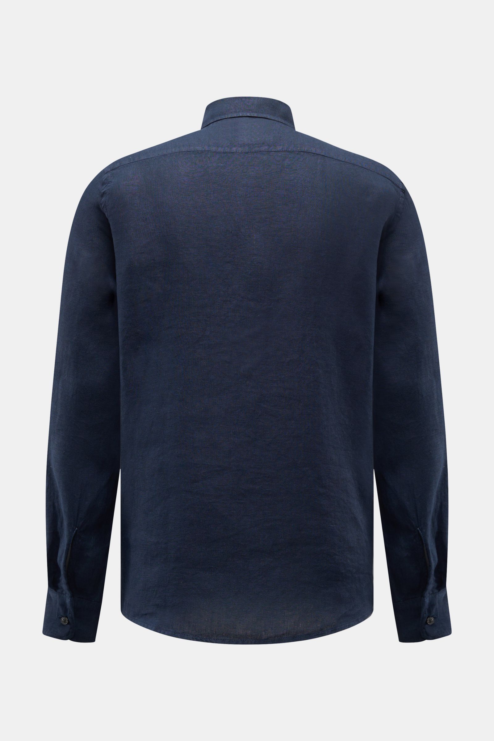 Rear view of 04651/ A trip in a bag Leinenhemd schmaler Kragen navy, a navy linen shirt with regular fit, narrow collar, French placket, classic sport cuffs, rounded hem, and short side slits. Mühelose 