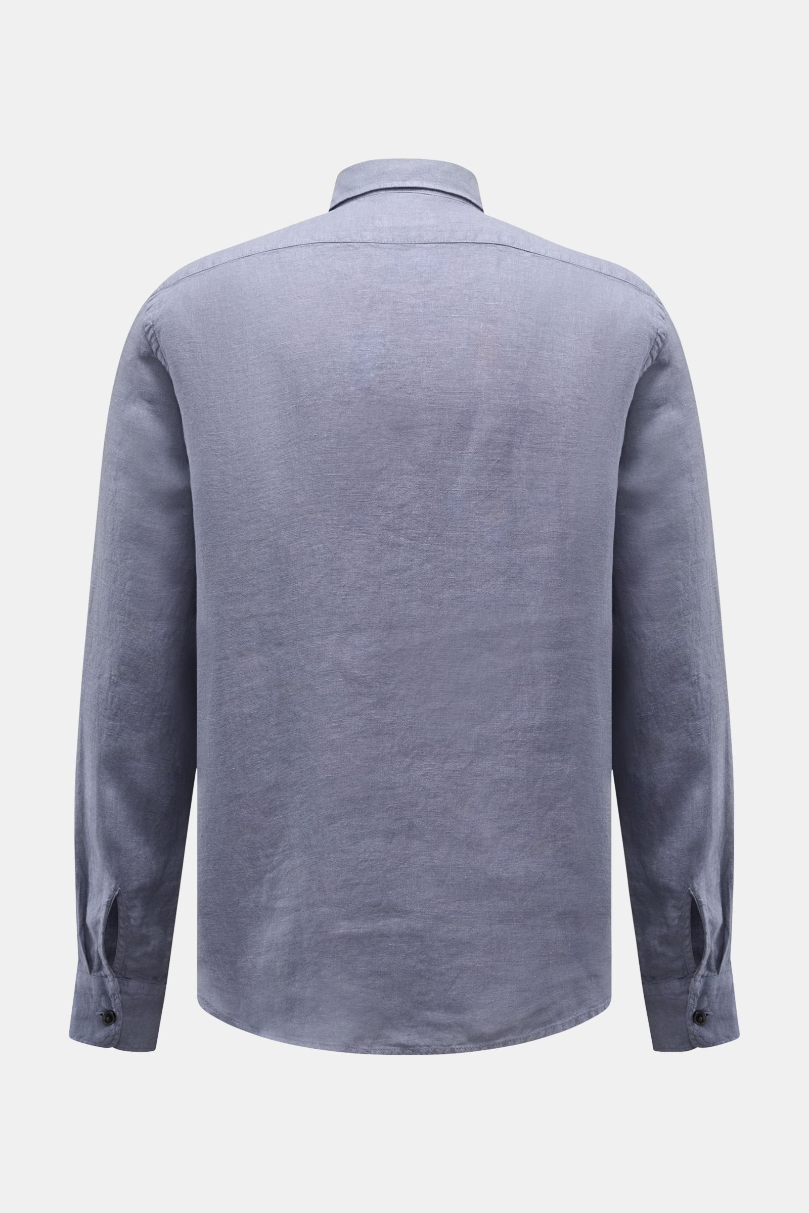 Back view of the 04651/ A trip in a bag Leinenhemd schmaler Kragen rauchblau, a smoke blue linen shirt with a slim collar, long sleeves, and classic cuffs. Mühelose Leichtigkeit