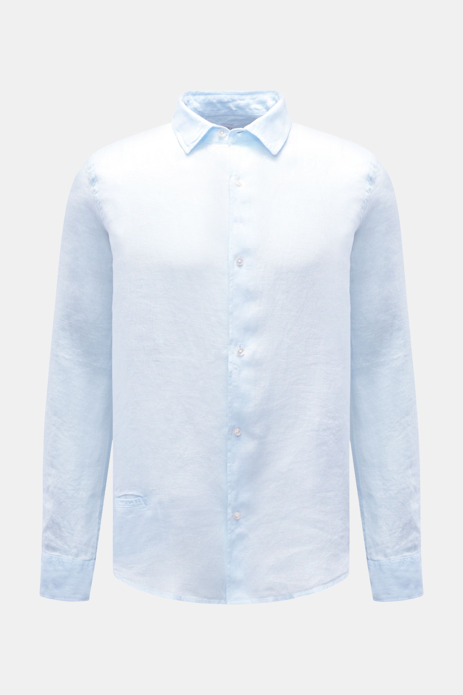 Front view of 04651/ A trip in a bag Leinenhemd schmaler Kragen pastellblau, a pastel blue pure linen shirt with slim collar, French placket, classic cuffs, and rounded hem, showcasing airy texture and lightweight feel for effortless style in warm seasons