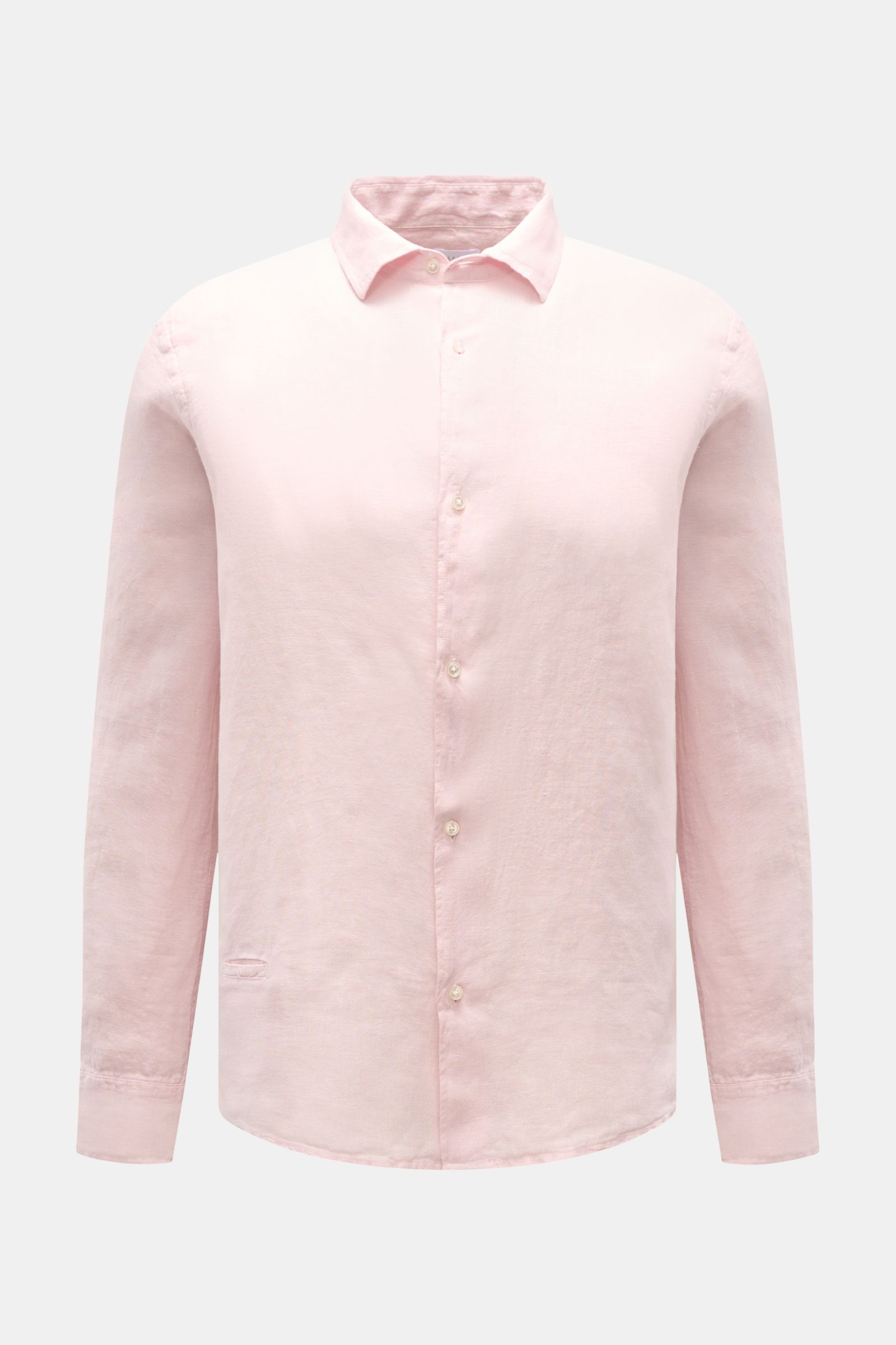 Front view of 04651/ A trip in a bag Leinenhemd schmaler Kragen rosé, a light pink pure linen shirt with slim collar and French placket.

Mühelose Leichtigkeit