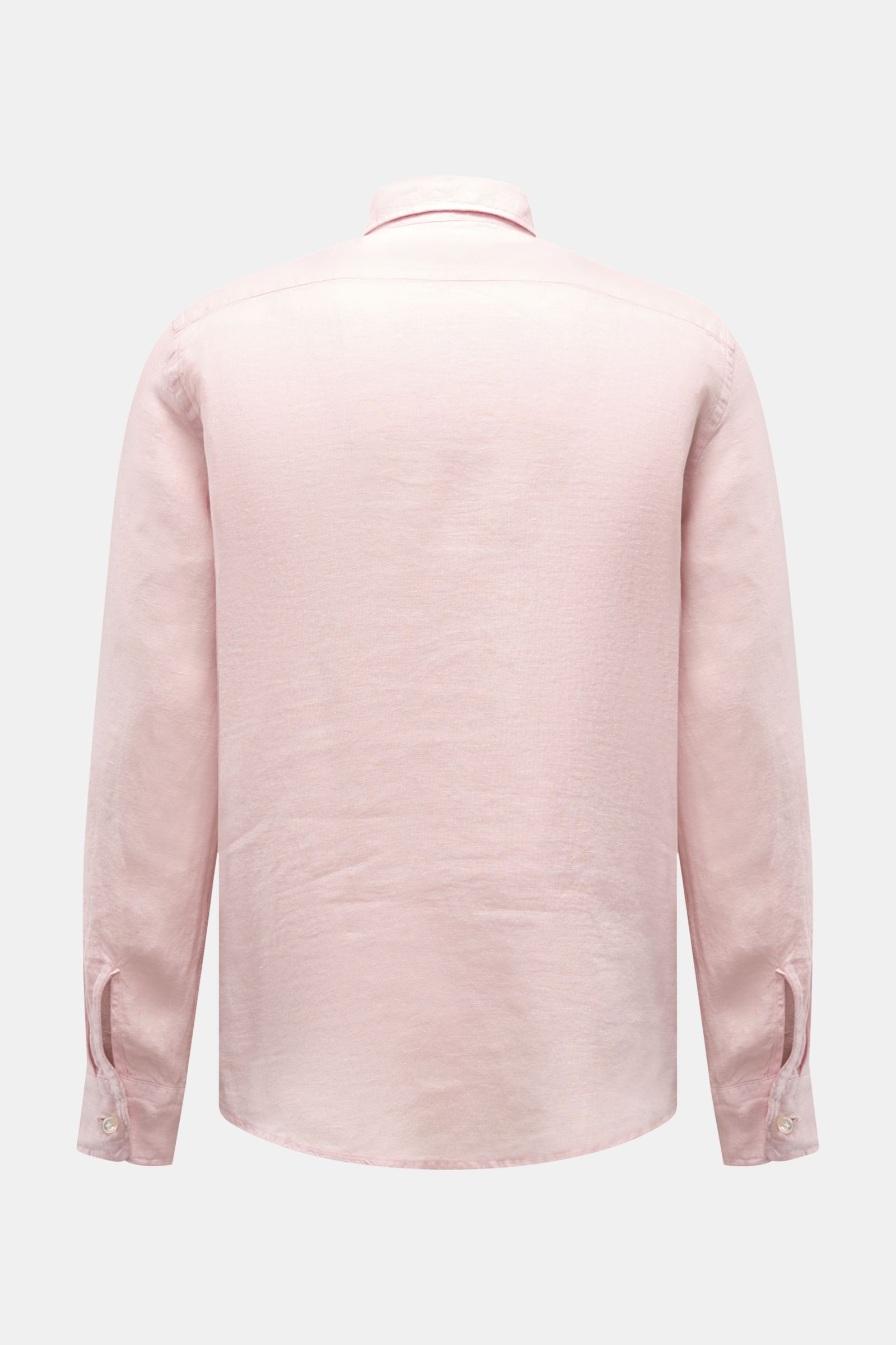 Back view of 04651/ A trip in a bag Leinenhemd schmaler Kragen rosé, a light pink pure linen shirt with narrow collar, French placket, classic cuffs, rounded hem, and short side slits. 

Mühelose 