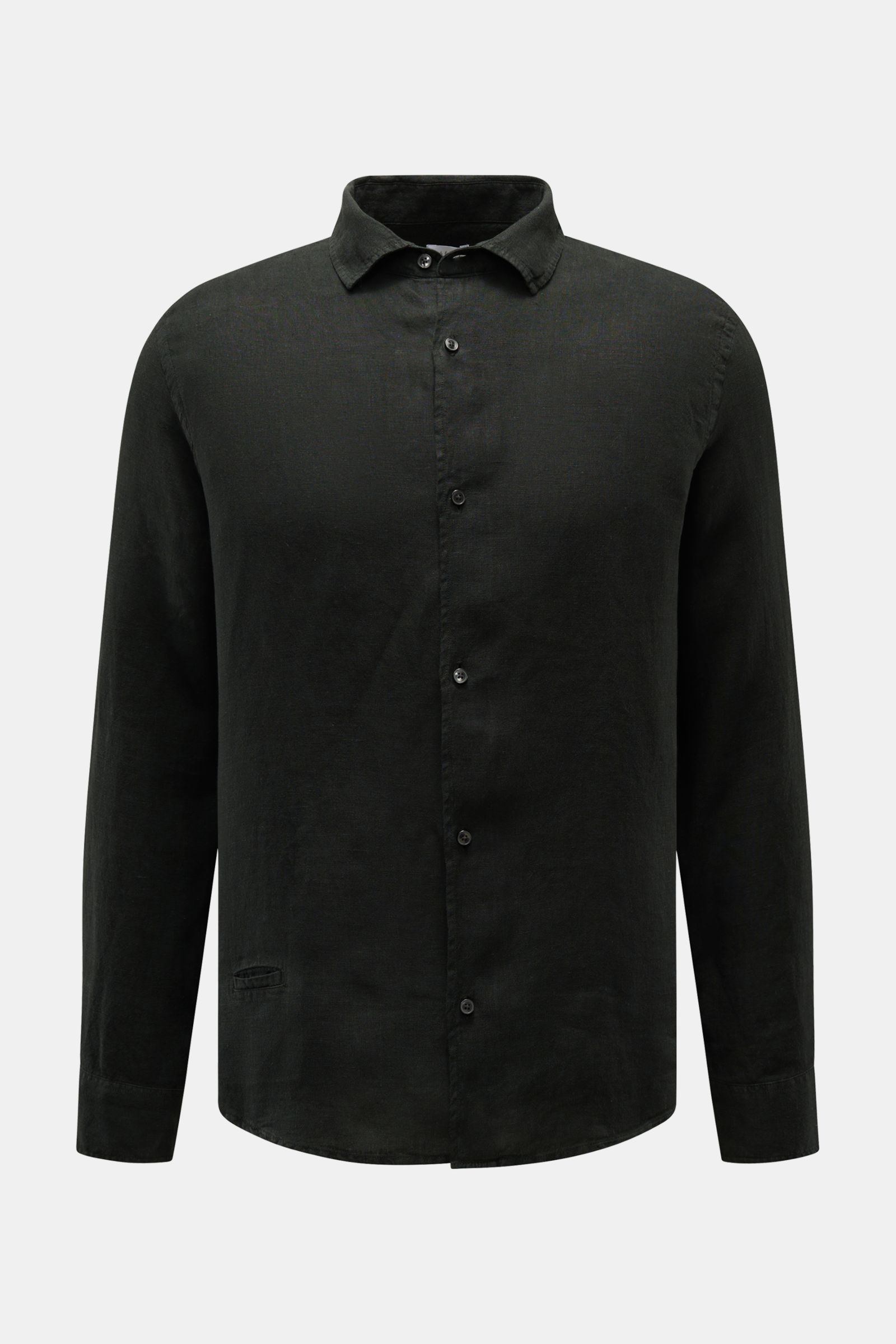 Front view of 04651/ A trip in a bag Leinenhemd schmaler Kragen schwarz, a black linen shirt with slim collar, button placket, and long sleeves.

Mühelose Leichtigkeit