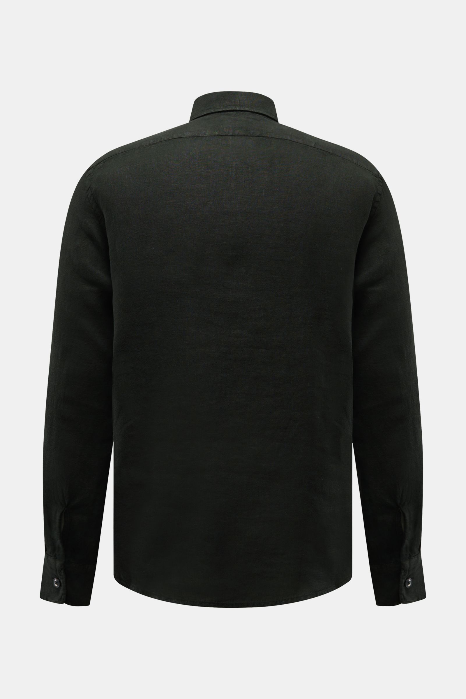 Back view of the 04651/ A trip in a bag Leinenhemd schmaler Kragen schwarz, a black linen shirt with a narrow collar, classic cuffs, and curved hem.

Mühelose Leichtigkeit