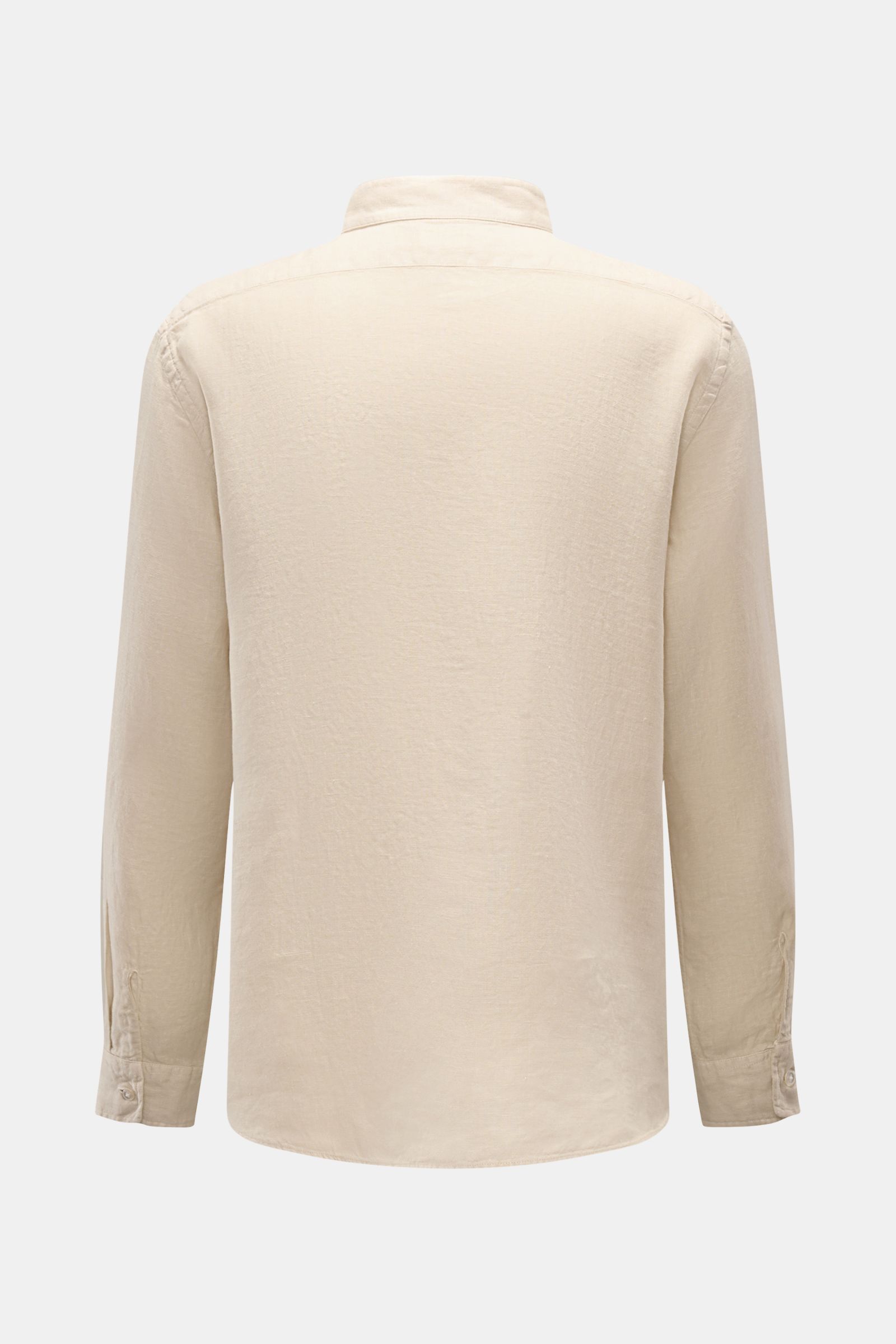 04651/ A trip in a bag Leinenhemd 'Linen Guru' Grandad-Kragen beige, reine Leinenqualität, Rückansicht, Regular Fit, weicher Griff, kurze Saumschlitze.