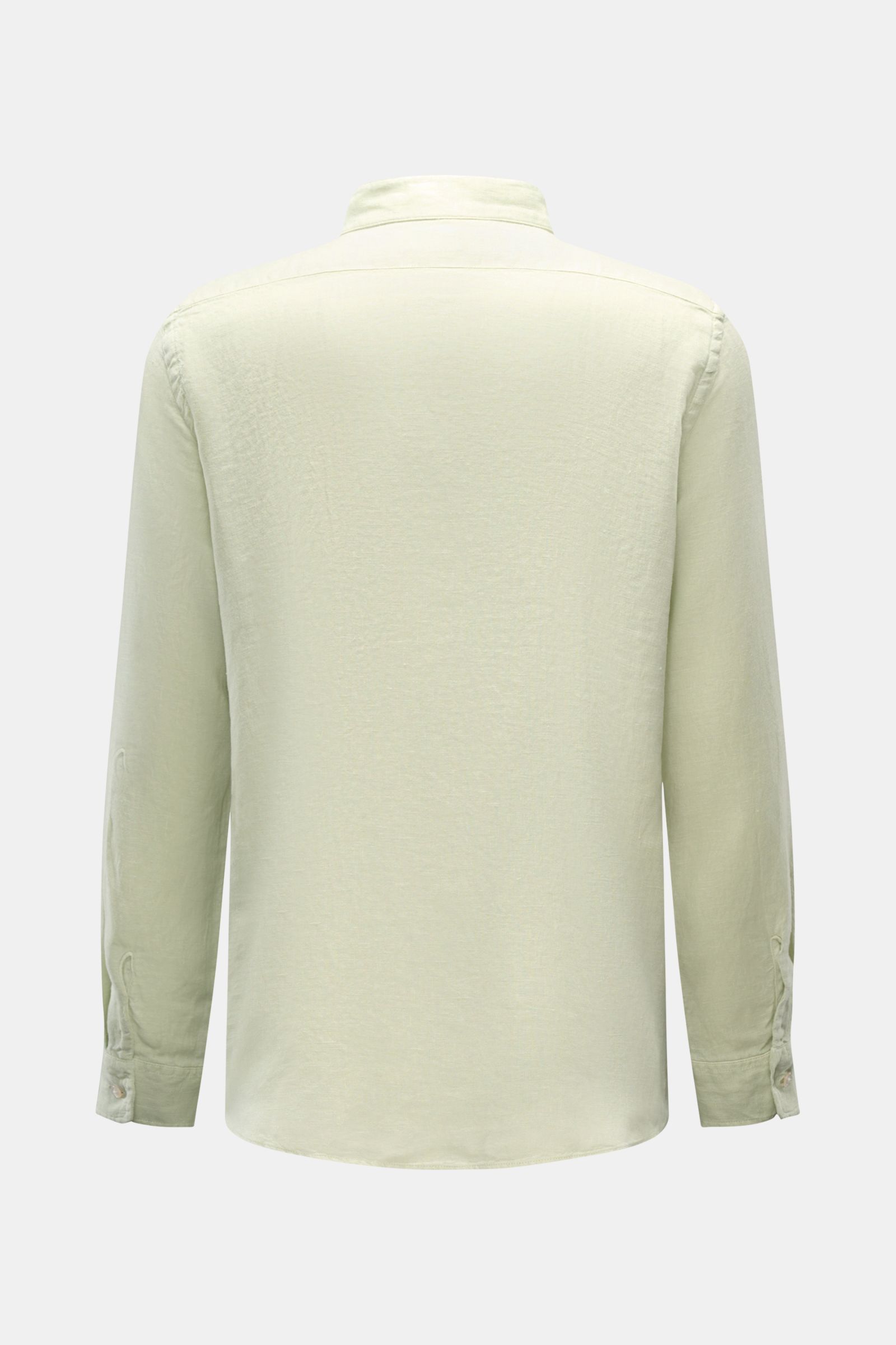 04651/ A trip in a bag Leinenhemd 'Linen Guru' Grandad-Kragen pastellgrün, reine Leinenqualität, Rückansicht, Regular Fit, weicher Griff, kurze Saumschlitze.