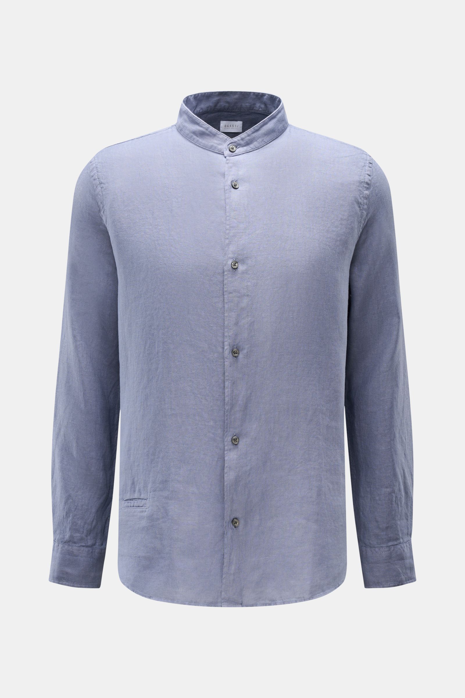 04651/ A trip in a bag Leinenhemd 'Linen Guru' Grandad-Kragen lavender, frontal, reines Leinen, weicher Griff, Regular Fit, kleine Leistentasche, kurze Saumschlitze.
