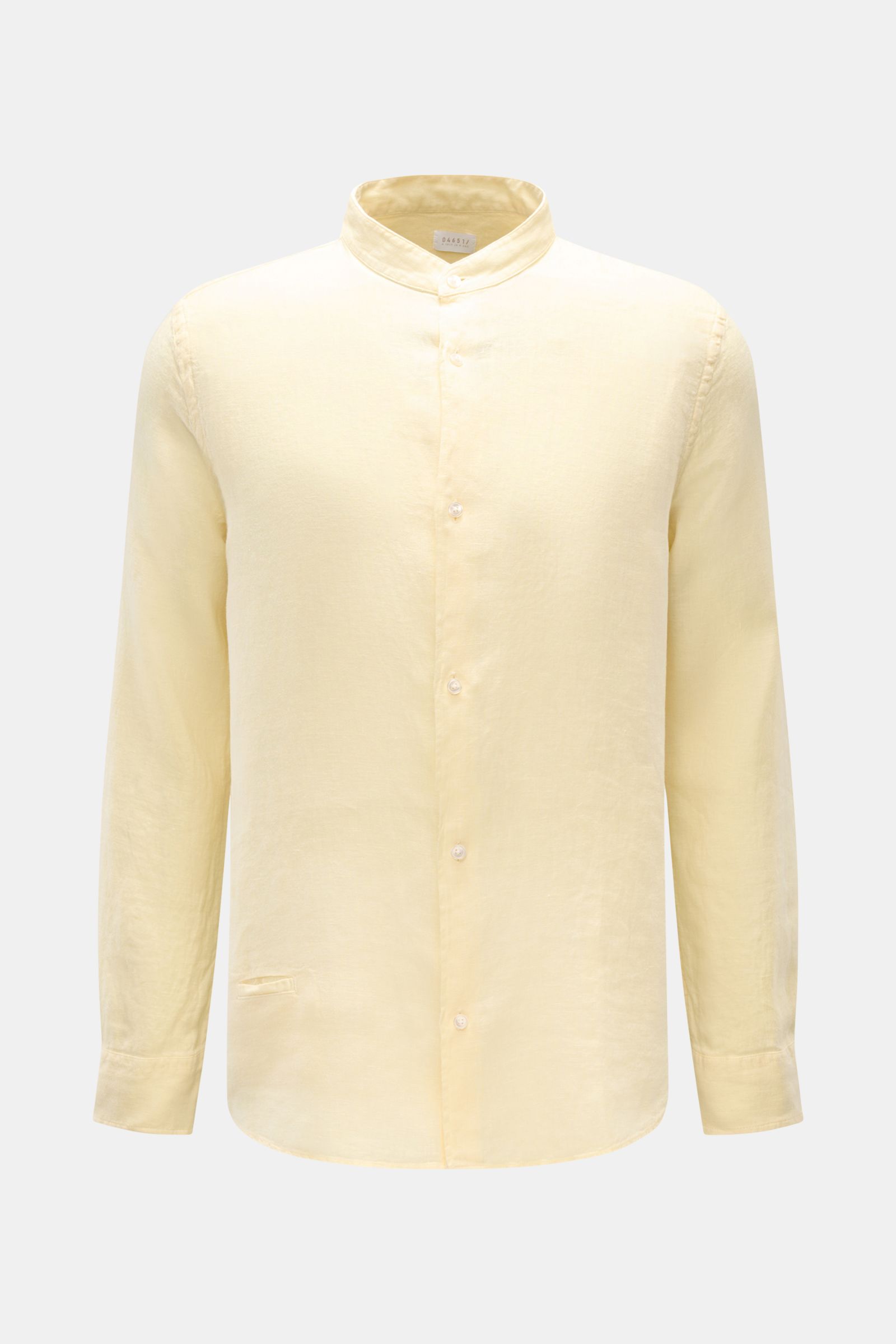 Front view of the 04651/ A trip in a bag Linen shirt 'Linen Guru' grandad collar pastel yellow, a pure linen casual shirt with a soft feel and relaxed fit, featuring a grandad collar, French button placket, small welt pocket, classic barrel cuffs, woven l