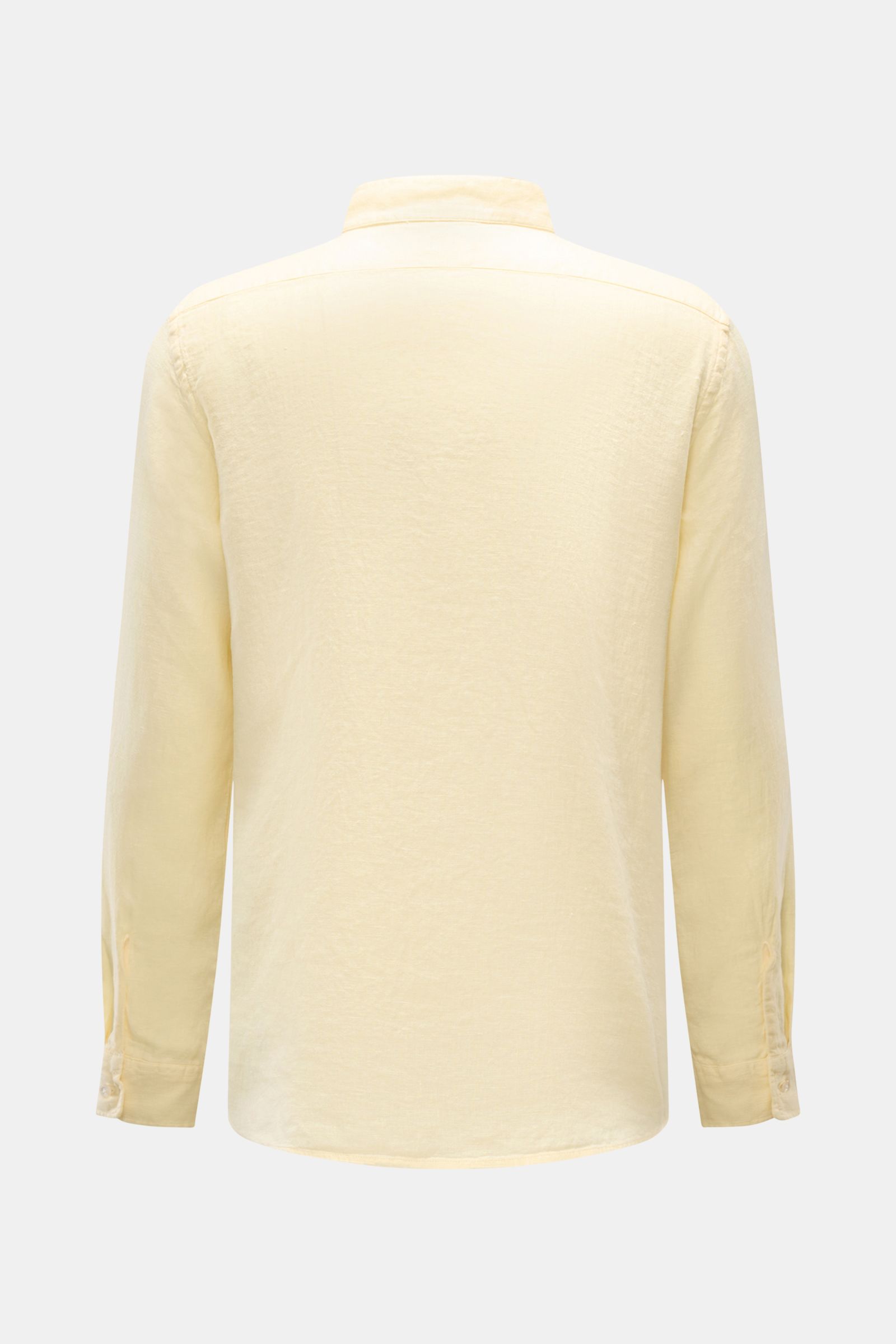 Back view of 04651/ A trip in a bag Linen shirt 'Linen Guru' grandad collar pastel yellow, pure linen, soft feel, regular fit, classic barrel cuffs, small welt pocket, slightly rounded hem with short vents, woven label in side seam, photographed against a