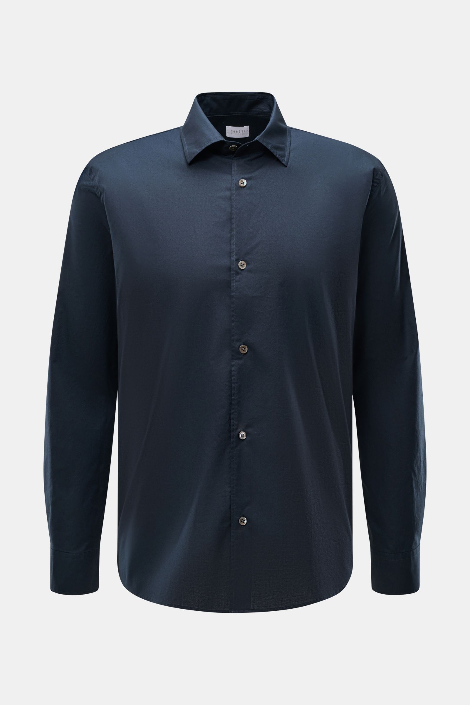 Front view of a navy long-sleeve shirt with buttons and slim collar, “04651/ A trip in a bag Casual shirt 'Cloudy Shirt' slim collar navy,” lightweight pure cotton fabric with classic barrel cuffs and slightly rounded hem.

