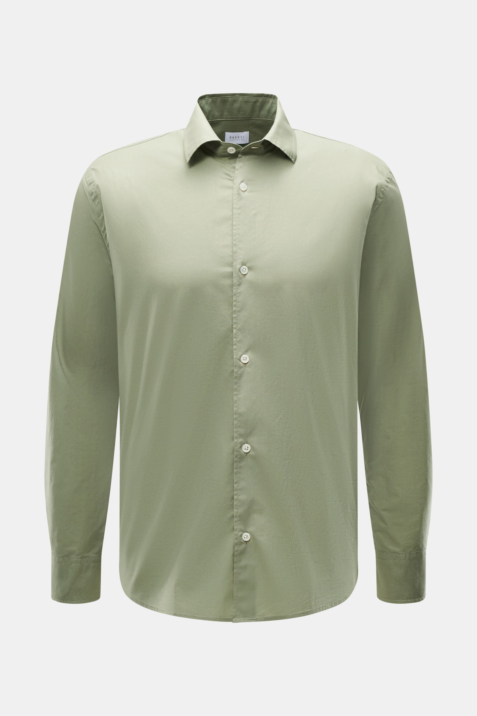 Alt tag (125 characters max):
Front view of 04651/ A trip in a bag Casual shirt 'Cloudy Shirt' slim collar sage in light green cotton with buttons.

Extended description with the given content:
Lightweight and comfortable 