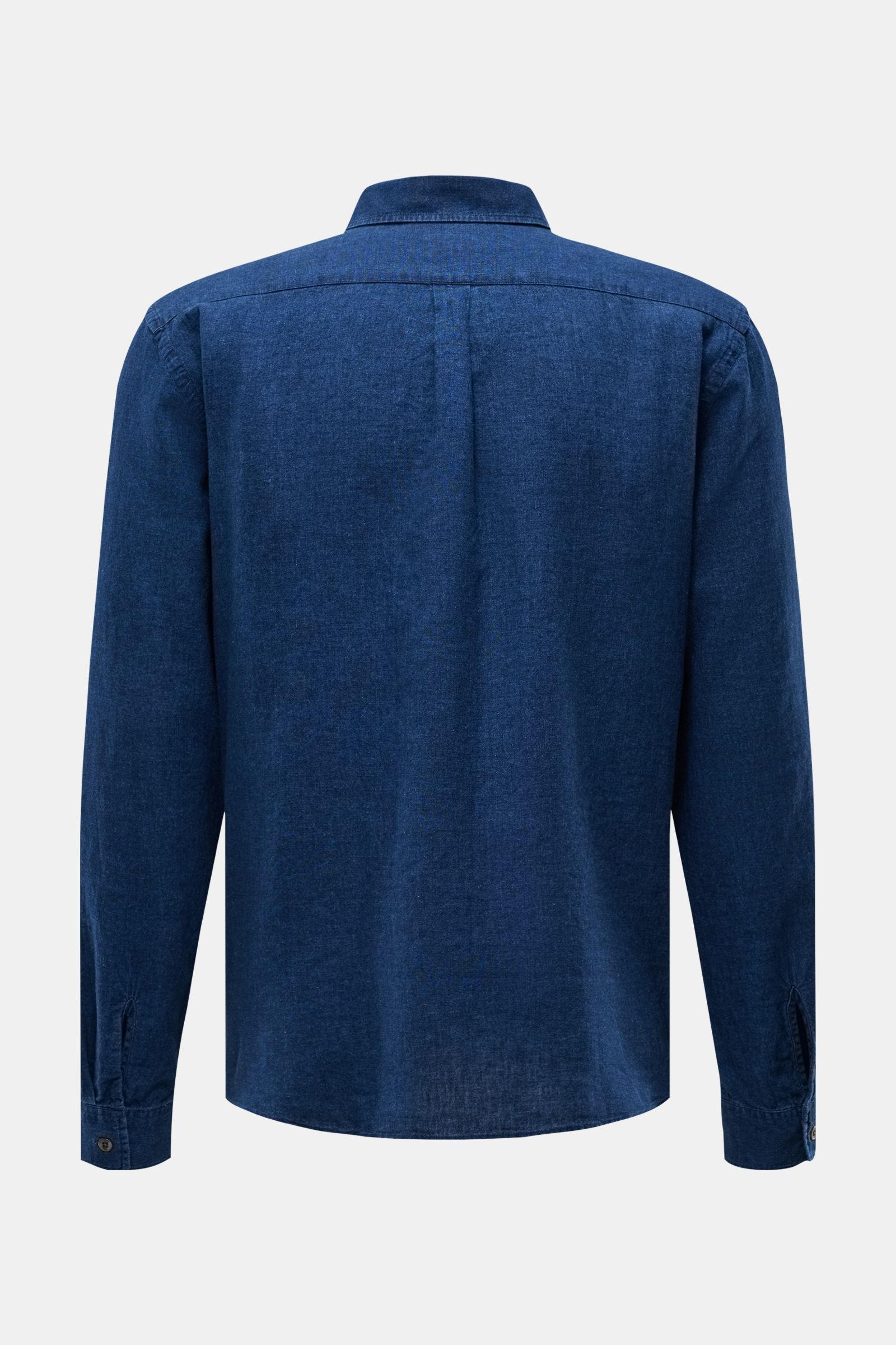 04651/ A trip in a bag Casual Hemd 'Indigo Shirt' schmaler Kragen navy, Rückansicht, Leinen-Baumwoll-Mix, Regular Fit, Quetschfalte, Saumschlitze