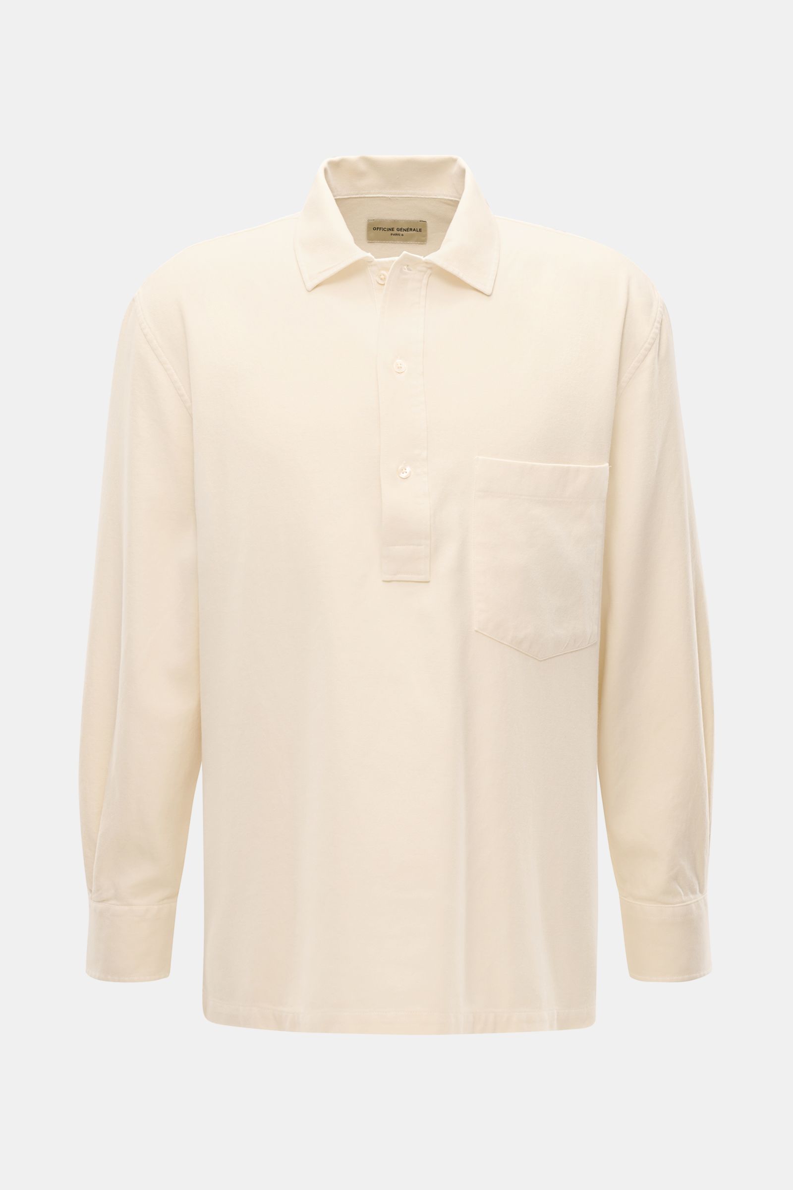 Officine Générale Popover-Hemd 'Jordy' Kent-Kragen creme, frontale Nahaufnahme, reine Baumwolle, Oversized Fit, Brusttasche, Kent-Kragen, Knopfleiste, klassische Sportmanschette.