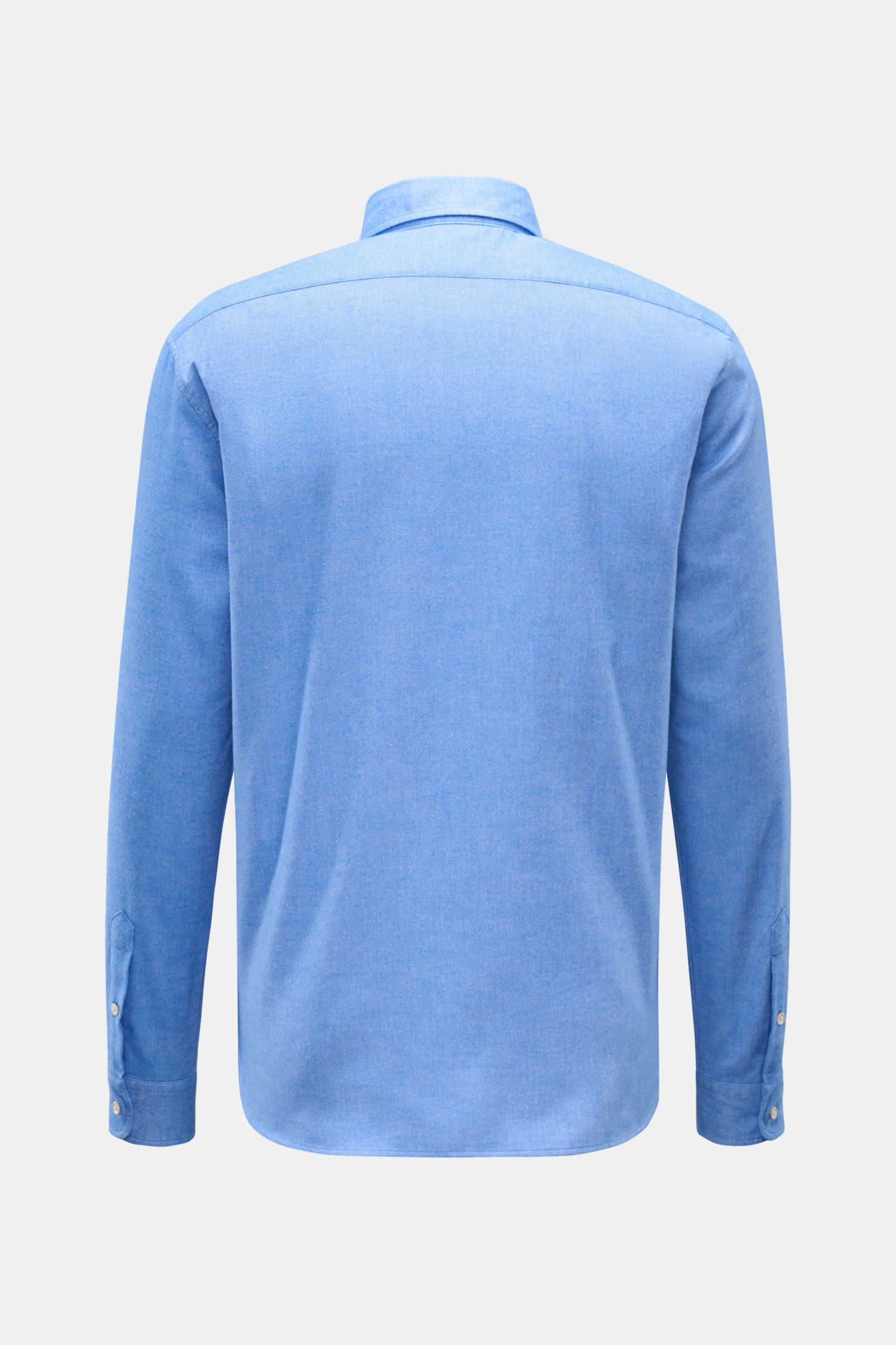 Back view of the 04651/ A trip in a bag Flanellhemd Button-Down-Kragen blau meliert, a soft pure cotton flannel shirt with regular fit, classic sport cuffs, and a slightly rounded hem, photographed on a plain background. Exklusiver Tragekomfort für die Üb