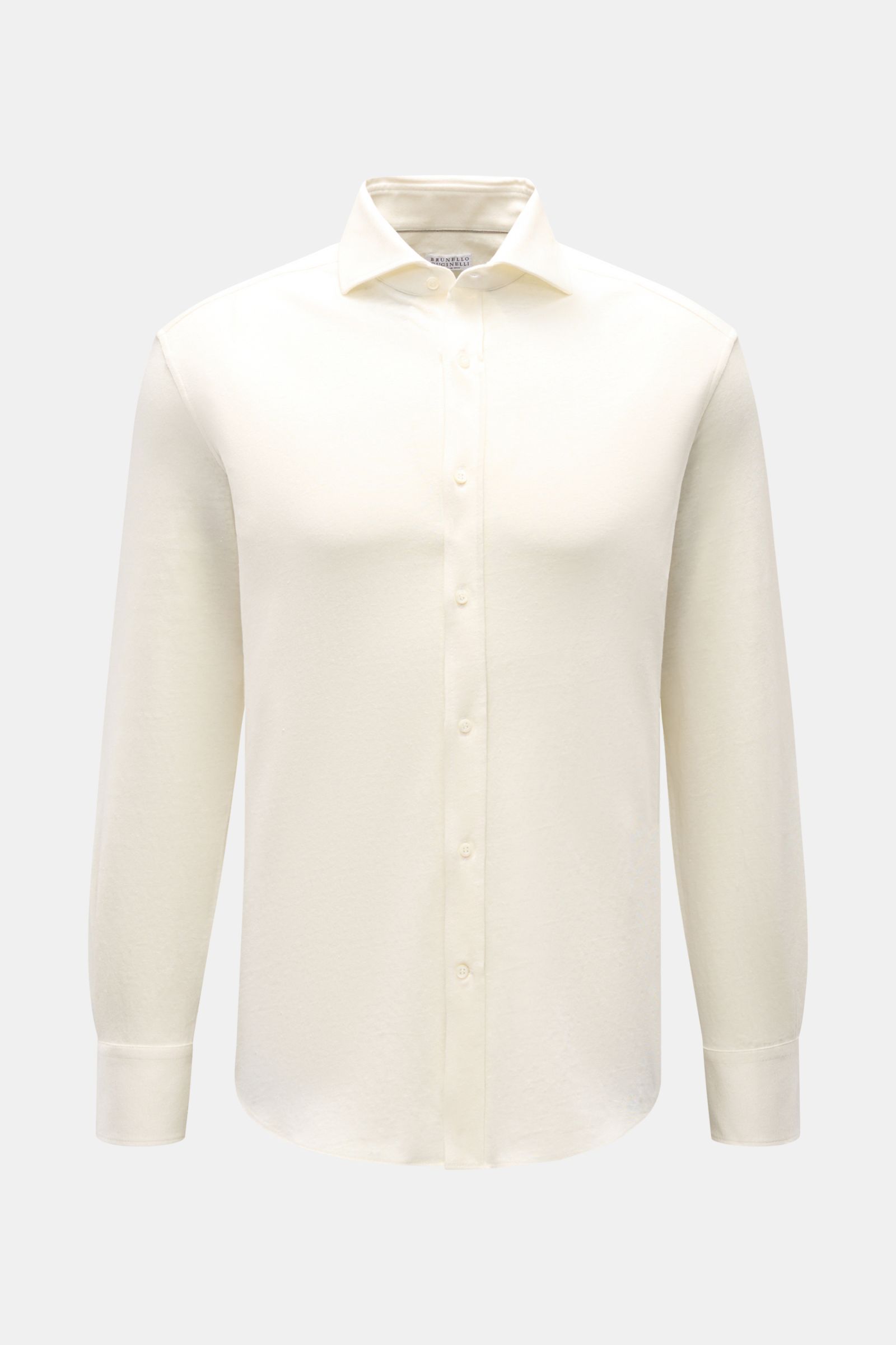 Front view of Brunello Cucinelli Jersey-Hemd Haifisch-Kragen creme, a cream-colored shirt with shark collar, linen-cotton blend, soft touch, regular fit, button placket, classic sport cuffs, and slightly rounded hem. Zeitlose Raffinesse: Das BRUNELLO C