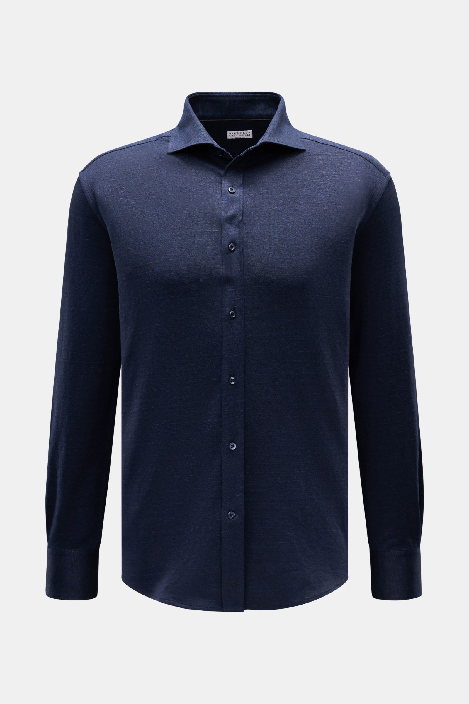 Brunello Cucinelli Jersey-Hemd Haifisch-Kragen navy meliert, frontale Aufnahme, Regular Fit, weicher Griff, Leinen-Baumwoll-Mix, Knopfleiste, Sportmanschette, gerundeter Saum.