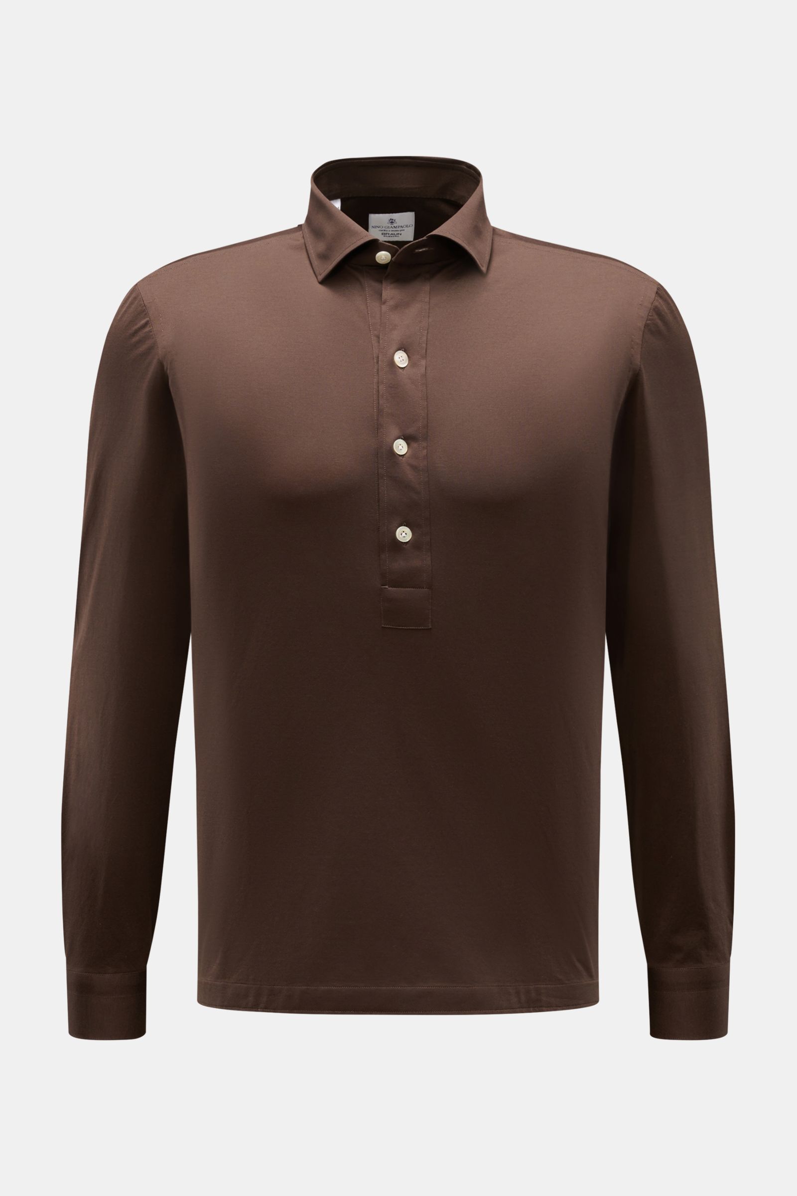 Giampaolo Jersey Popover-Hemd Haifisch-Kragen braun, frontale Ansicht, Baumwoll-Jersey, Regular Fit, Perlmuttknöpfe, Sportmanschette, gerader Saum.