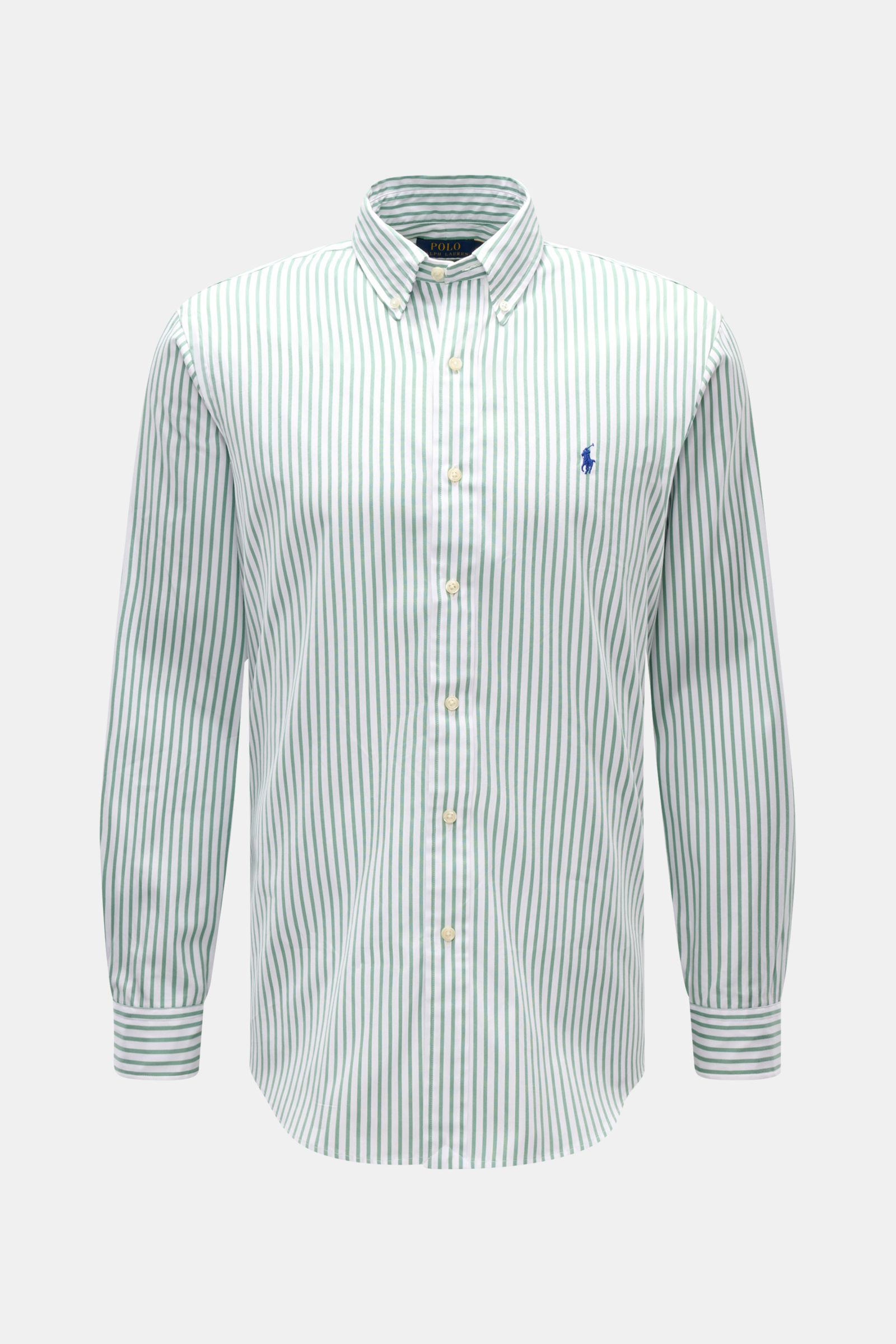 Polo Ralph Lauren Casual Hemd Button-Down-Kragen grün/weiß gestreift, Frontansicht, reine Baumwolle, weicher Griff, klassisches Streifen-Design, Regular Fit, Polospieler-Stitching, Knopfleiste, Sportmanschette, Rückenpasse mit Quetschfalte, gerundeter Sau
