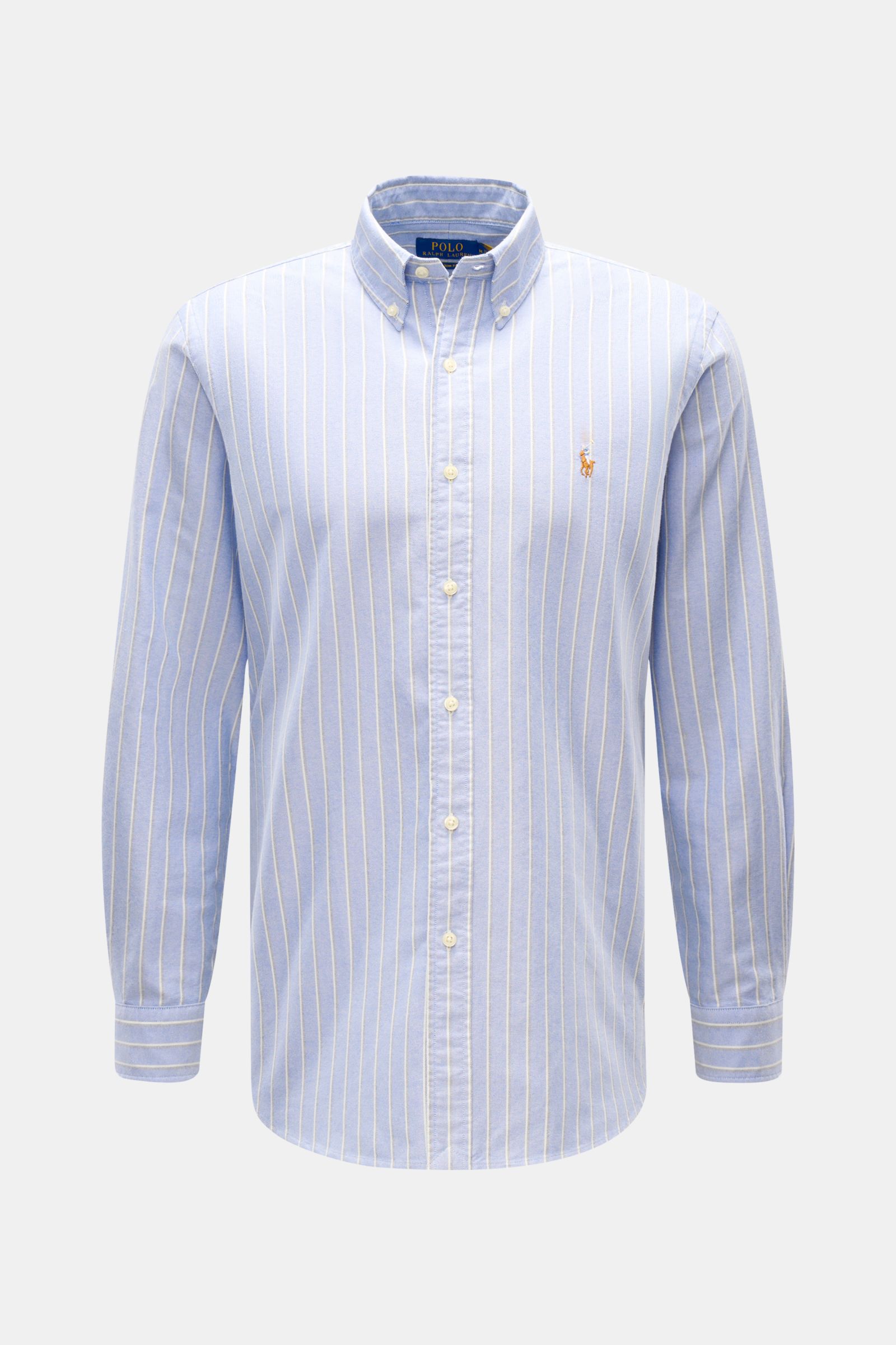 Polo Ralph Lauren Oxford-Hemd Button-Down-Kragen blau/dunkelgrau/weiß gestreift, Frontansicht, reine Baumwolle, Custom Fit, Polospieler-Stitching.