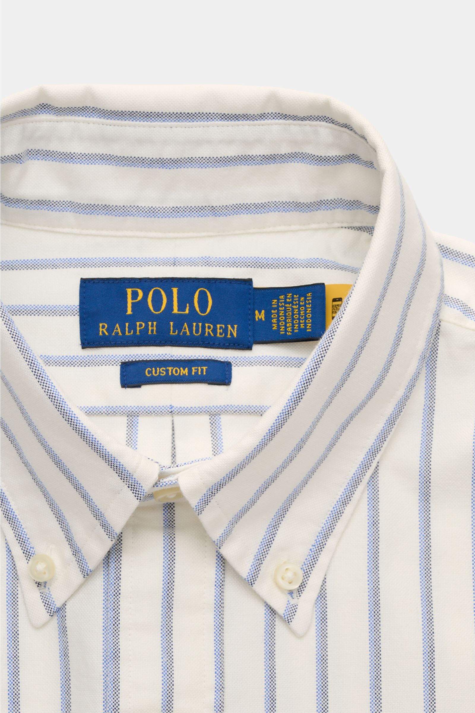 Polo Ralph Lauren Oxford-Hemd Button-Down-Kragen offwhite/blau/schwarz gestreift, Nahaufnahme von oben, Custom Fit, reine Baumwolle, weicher Griff.
