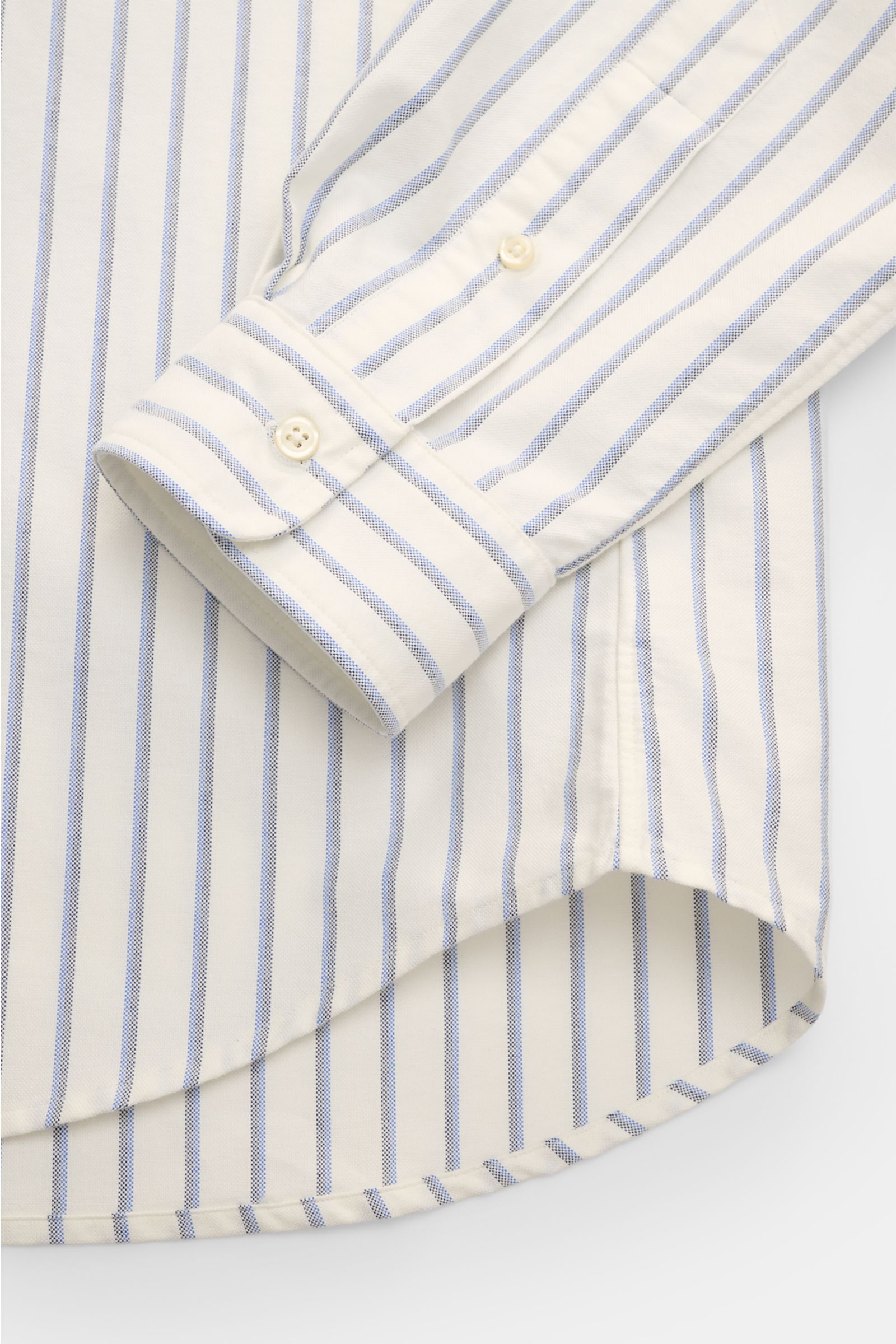 Polo Ralph Lauren Oxford-Hemd Button-Down-Kragen offwhite/blau/schwarz gestreift, Detailaufnahme Ärmel und Saum, reine Baumwolle, Custom Fit.