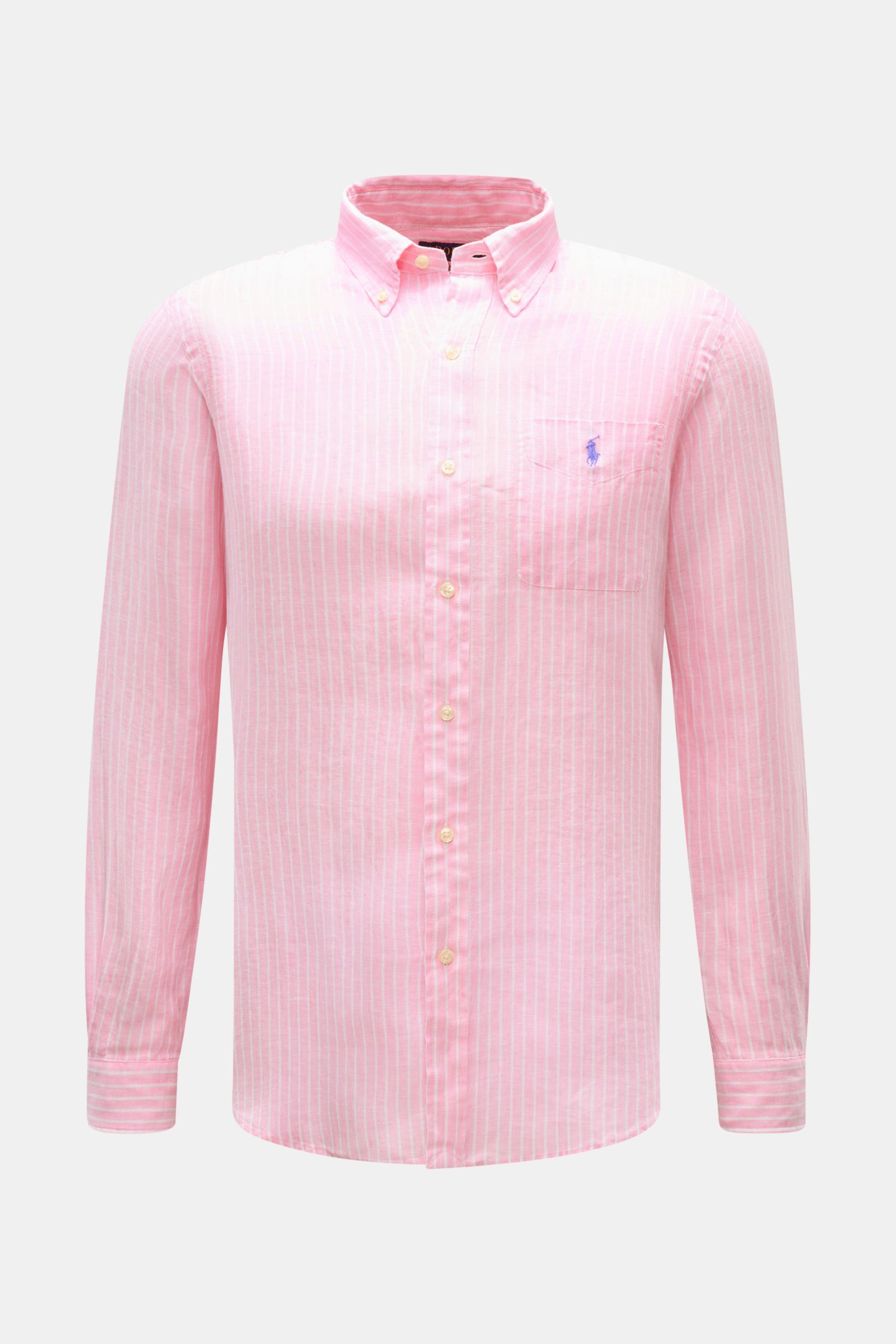 Polo Ralph Lauren Chambray-Leinenhemd Button-Down-Kragen rosé/weiß gestreift, slim fit, weicher Griff, Frontansicht mit Polospieler-Stitching und gerundetem Saum.