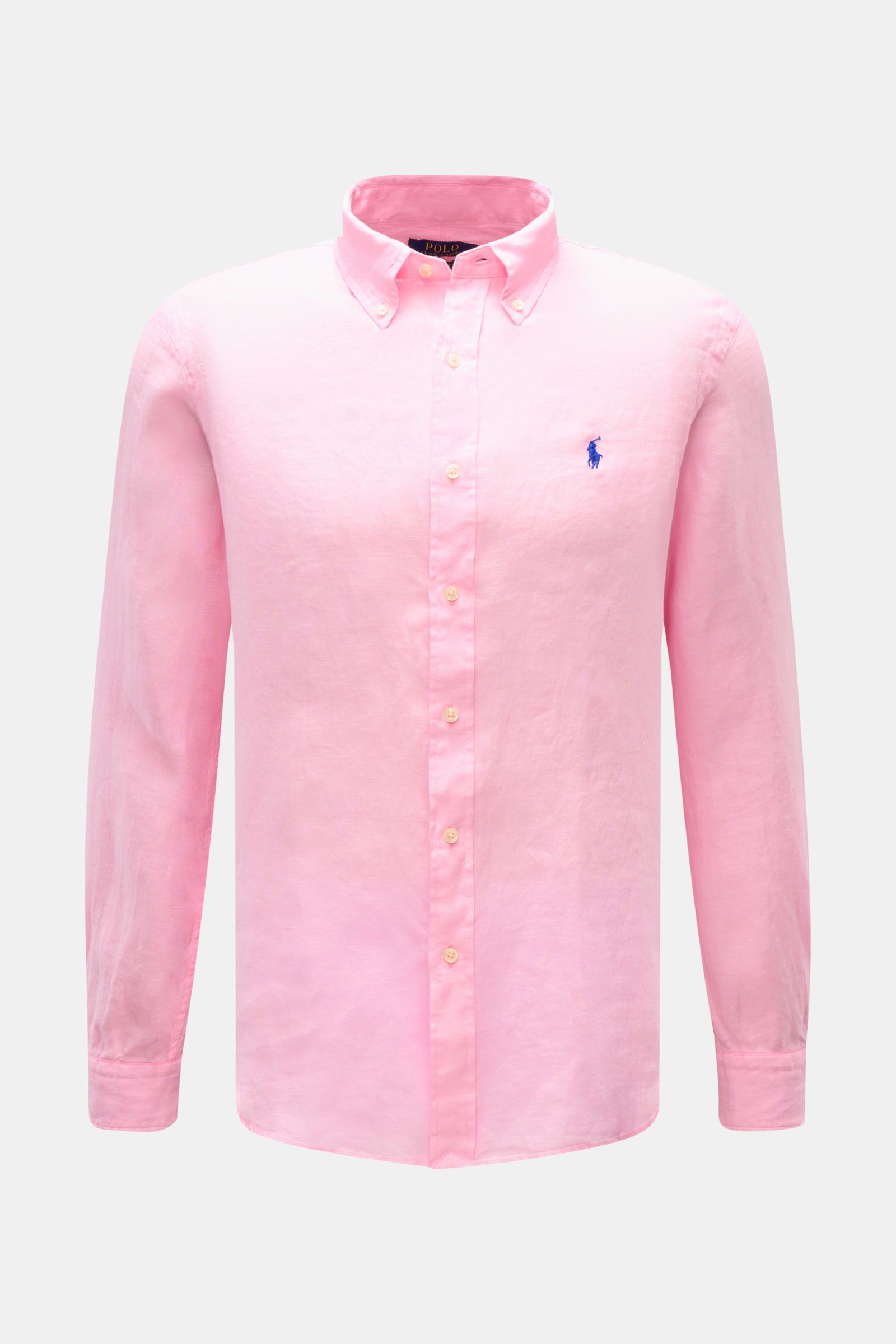 Polo Ralph Lauren Leinenhemd Button-Down-Kragen rosé, slim fit, frontaler Blick, atmungsaktive Leinwandbindung, weicher Griff, Polospieler-Stitching, Knopfleiste, Sportmanschette, Rückenpasse mit Quetschfalte, gerundeter Saum.