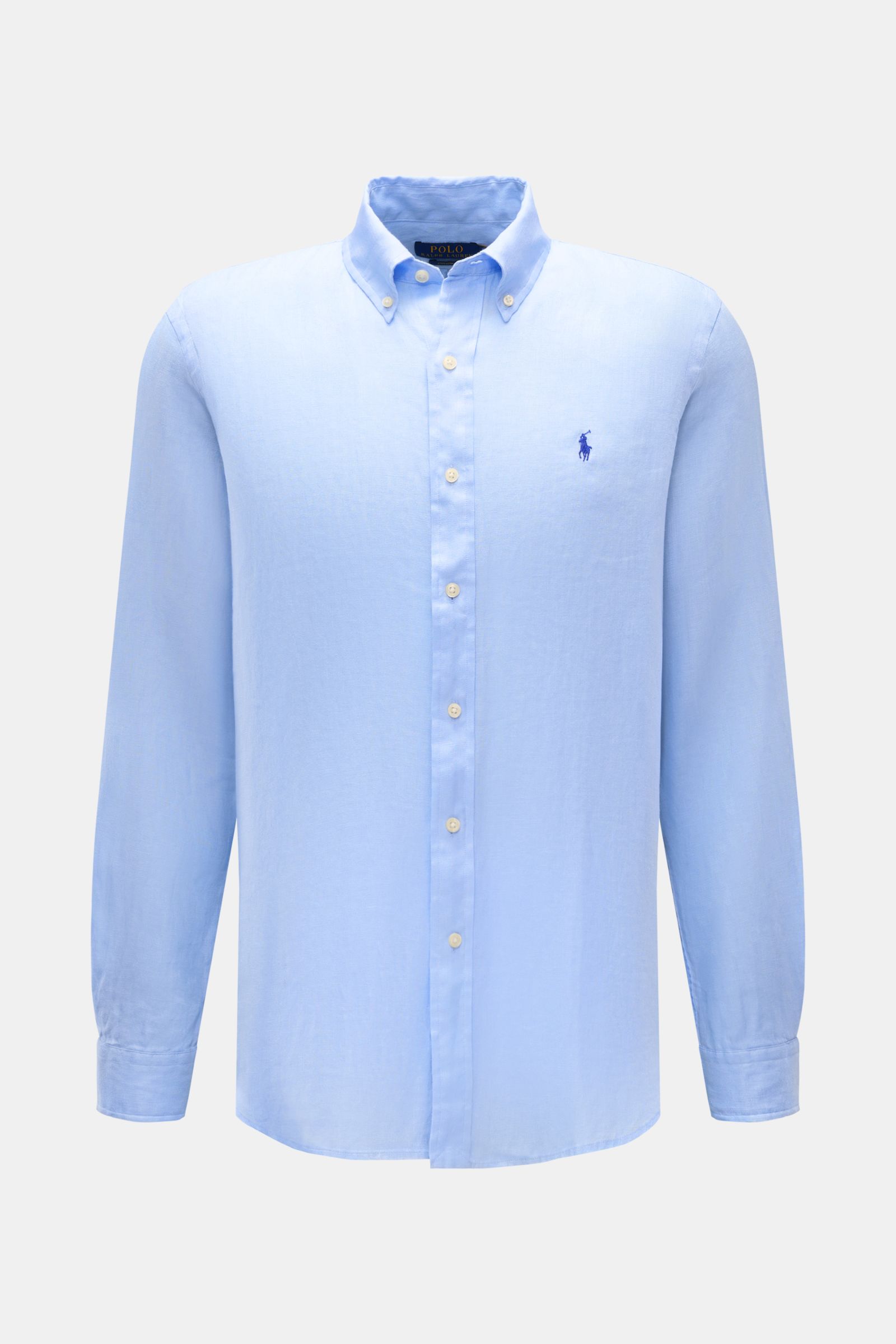 Polo Ralph Lauren Leinenhemd Button-Down-Kragen hellblau, sportliches Custom Fit Hemd aus reinem Leinen, Frontansicht mit Polospieler-Stitching, Button-Down-Kragen, weichem Griff, leichter Qualität und gerundetem Saum.