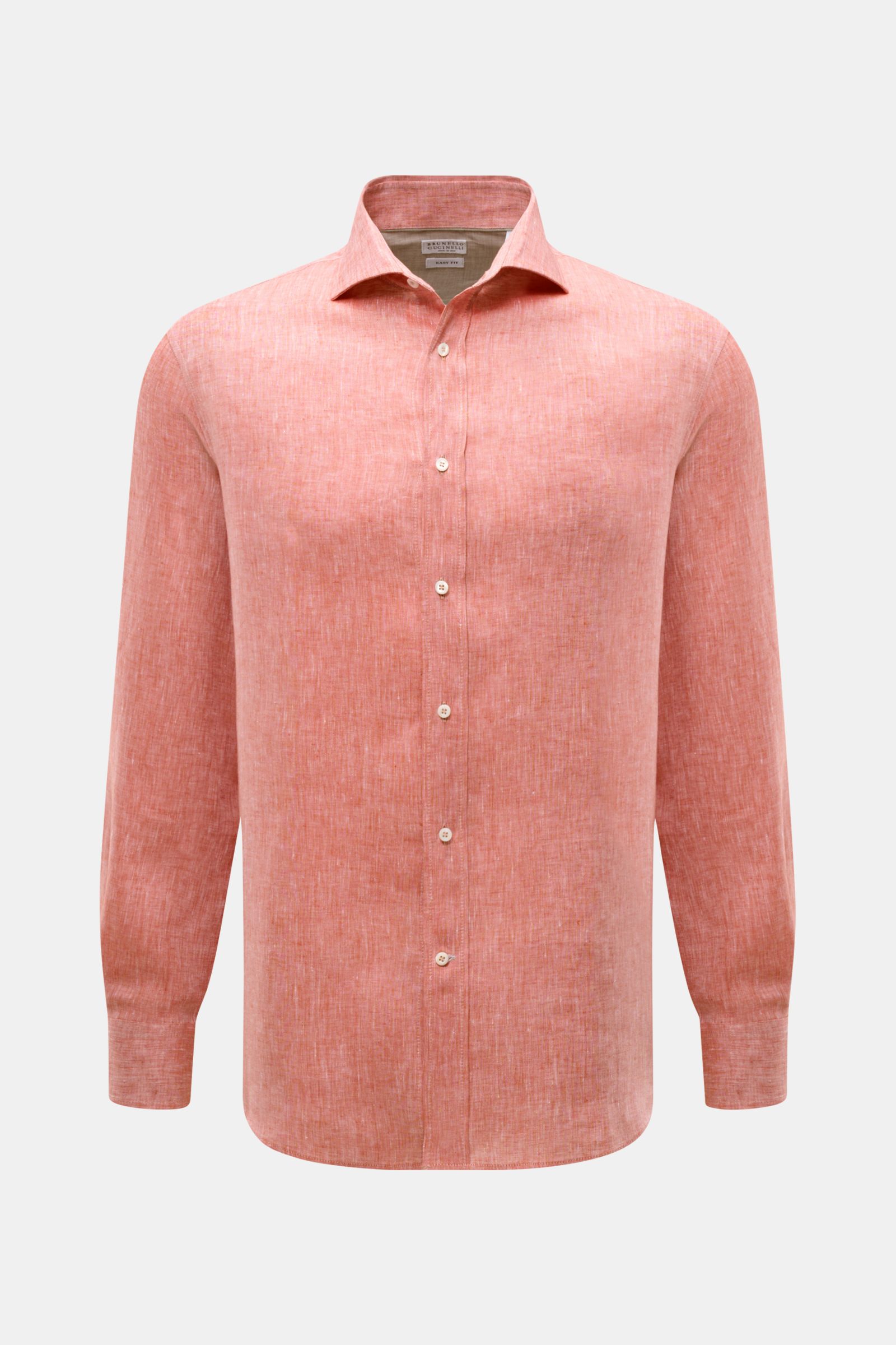 Brunello Cucinelli Leinenhemd Haifisch-Kragen hellrot meliert, front view of a lightweight summer linen shirt with shark collar, pearl buttons, and classic sport cuffs.

Feinste Leinenqualität: Das sommerlich-leichte Hemd mit Haifischkragen aus dem Hau