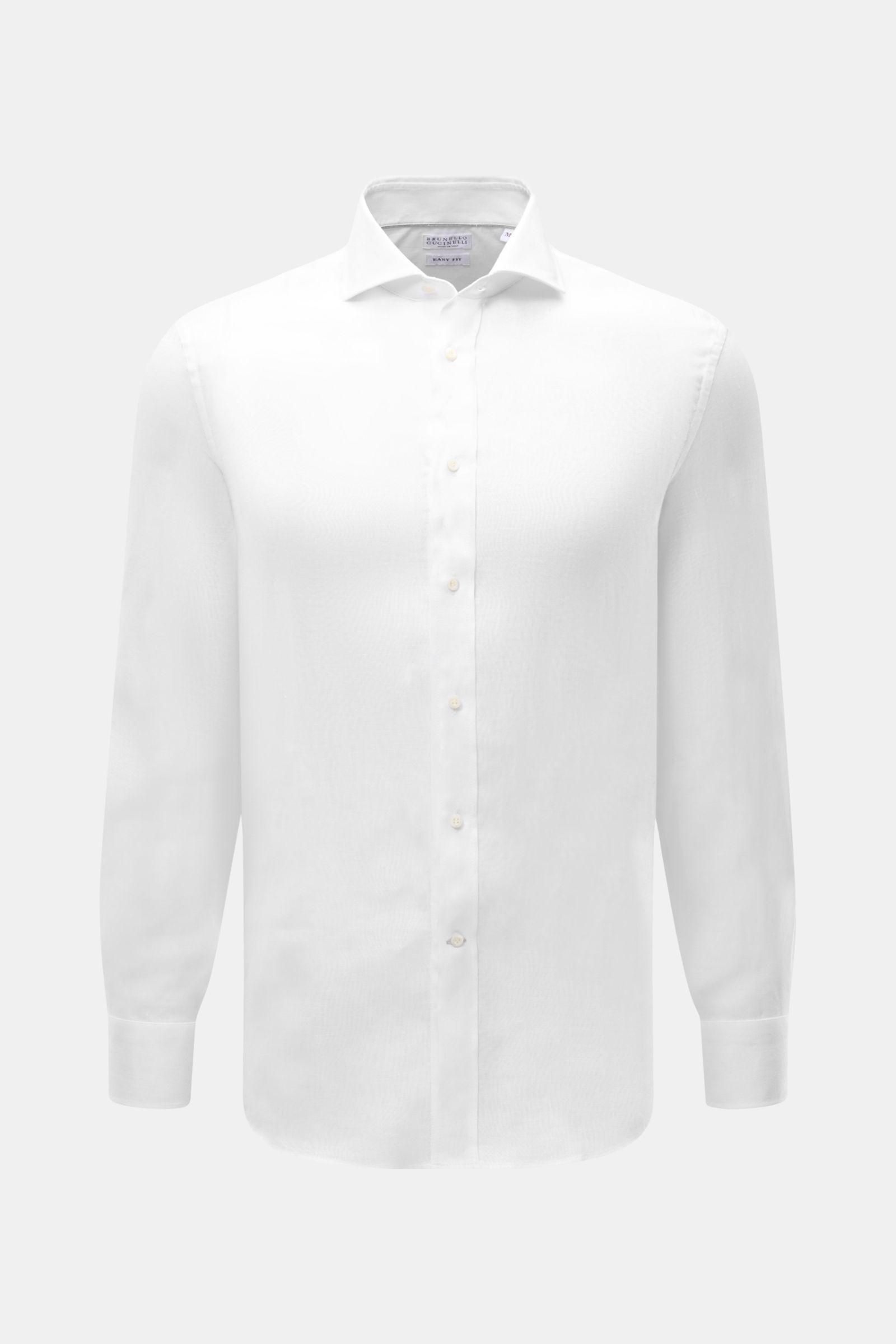 Brunello Cucinelli Leinenhemd Haifisch-Kragen weiß shown frontally, featuring pure linen, regular fit, shark collar, pearl buttons, classic cuffs, and rounded hem. Feinste Leinenqualität: Das sommerlich-leichte Hemd mit Haifischkragen aus dem Hause BRU