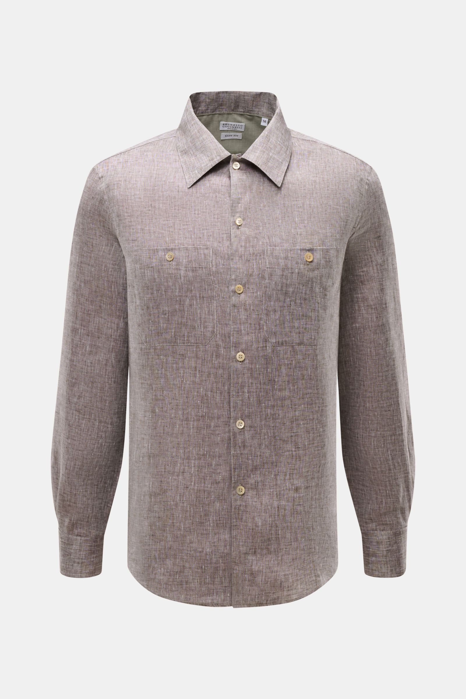 Front view of Brunello Cucinelli Leinenhemd Haifisch-Kragen dunkelbraun meliert, a dark brown melange linen shirt with shark collar, chest pockets, pearl buttons, and classic sport cuffs. 

Feinste Leinenqualität: Das sommerlich-leichte Hemd mit Haifis