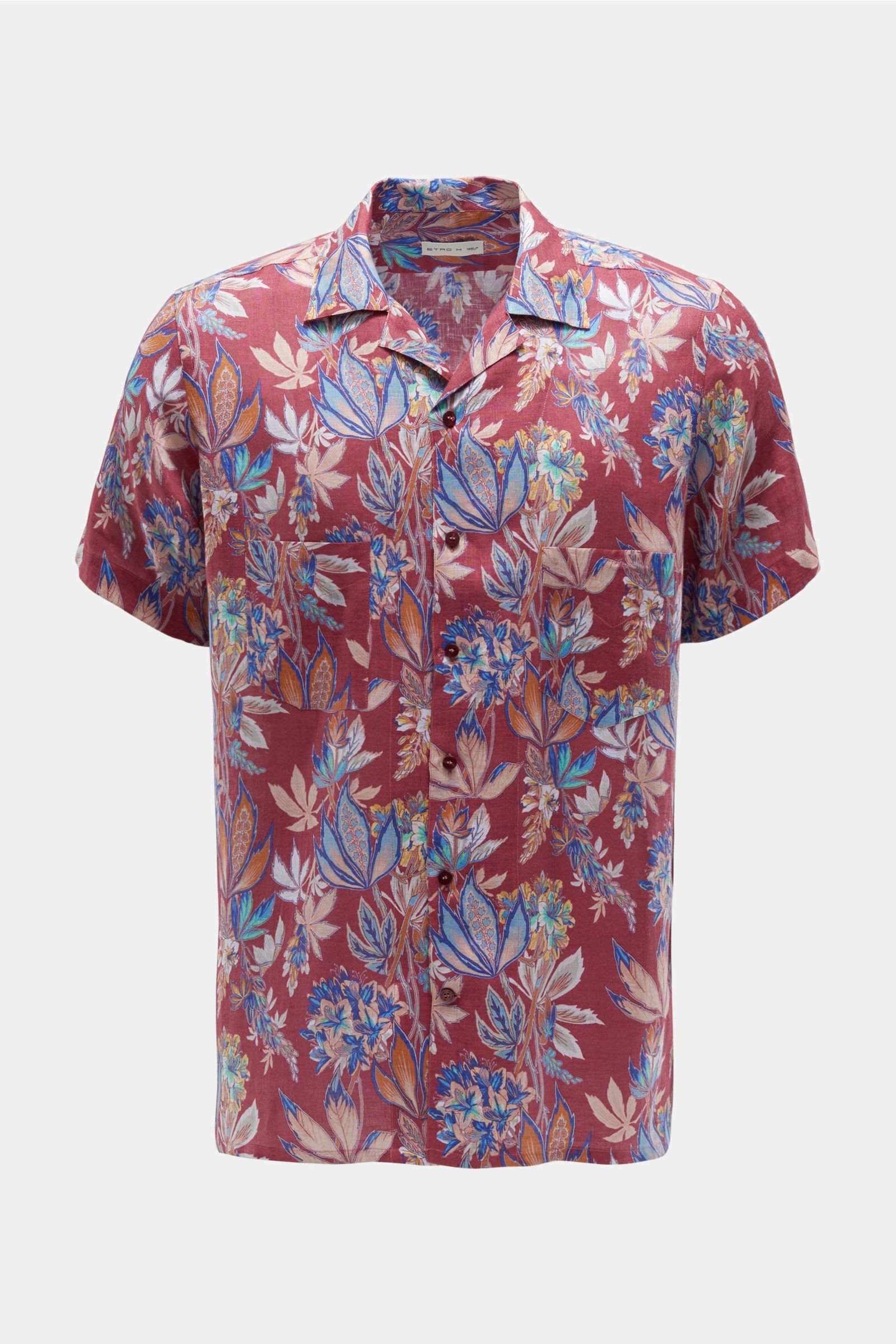 Linen short sleeve shirt Cuban collar red patterned